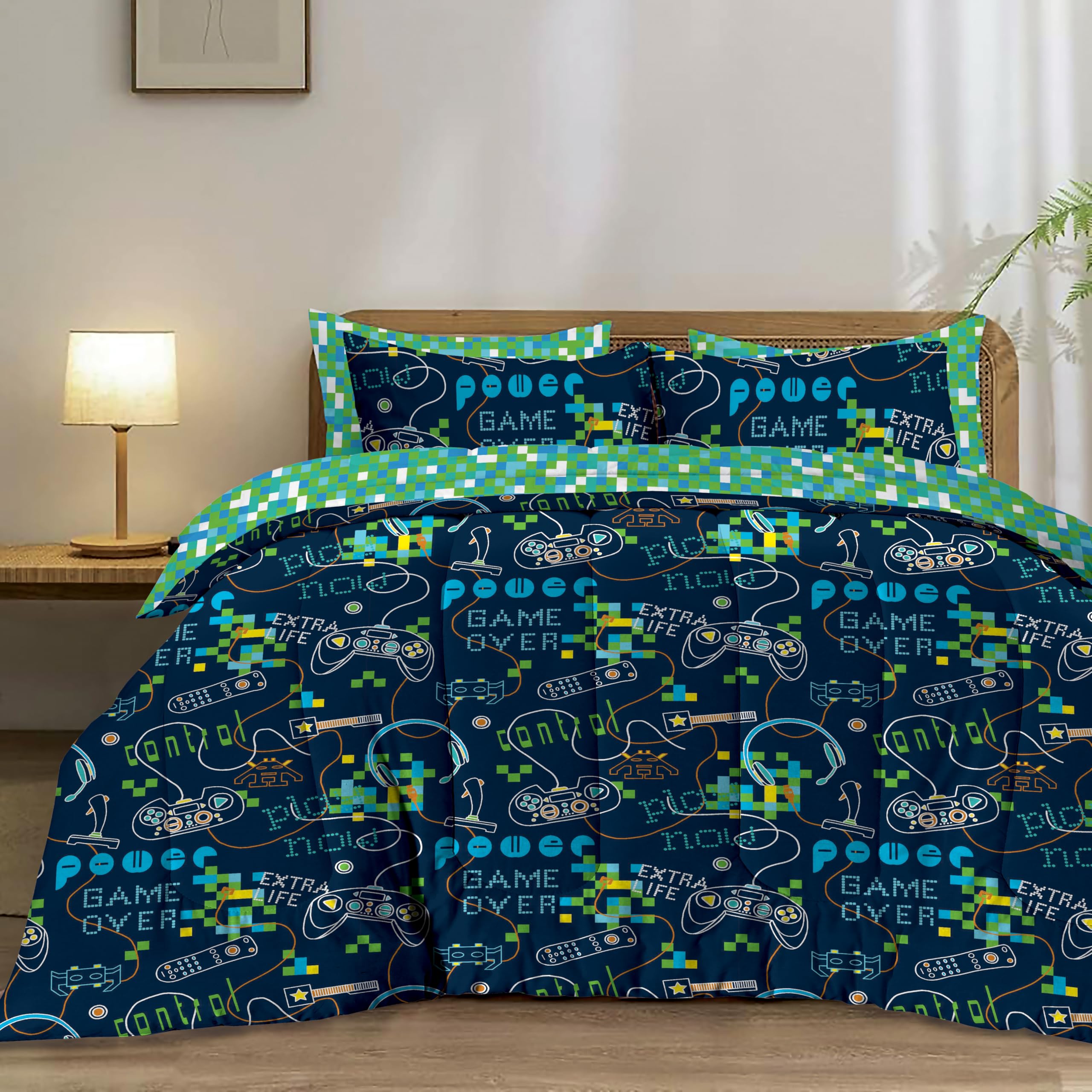 Olivia Rocco Coverless Duvet Double Set 10.5 Tog Reversible Quilted Bedding Bed Sets with Pillowcases (Gamer, Double)
