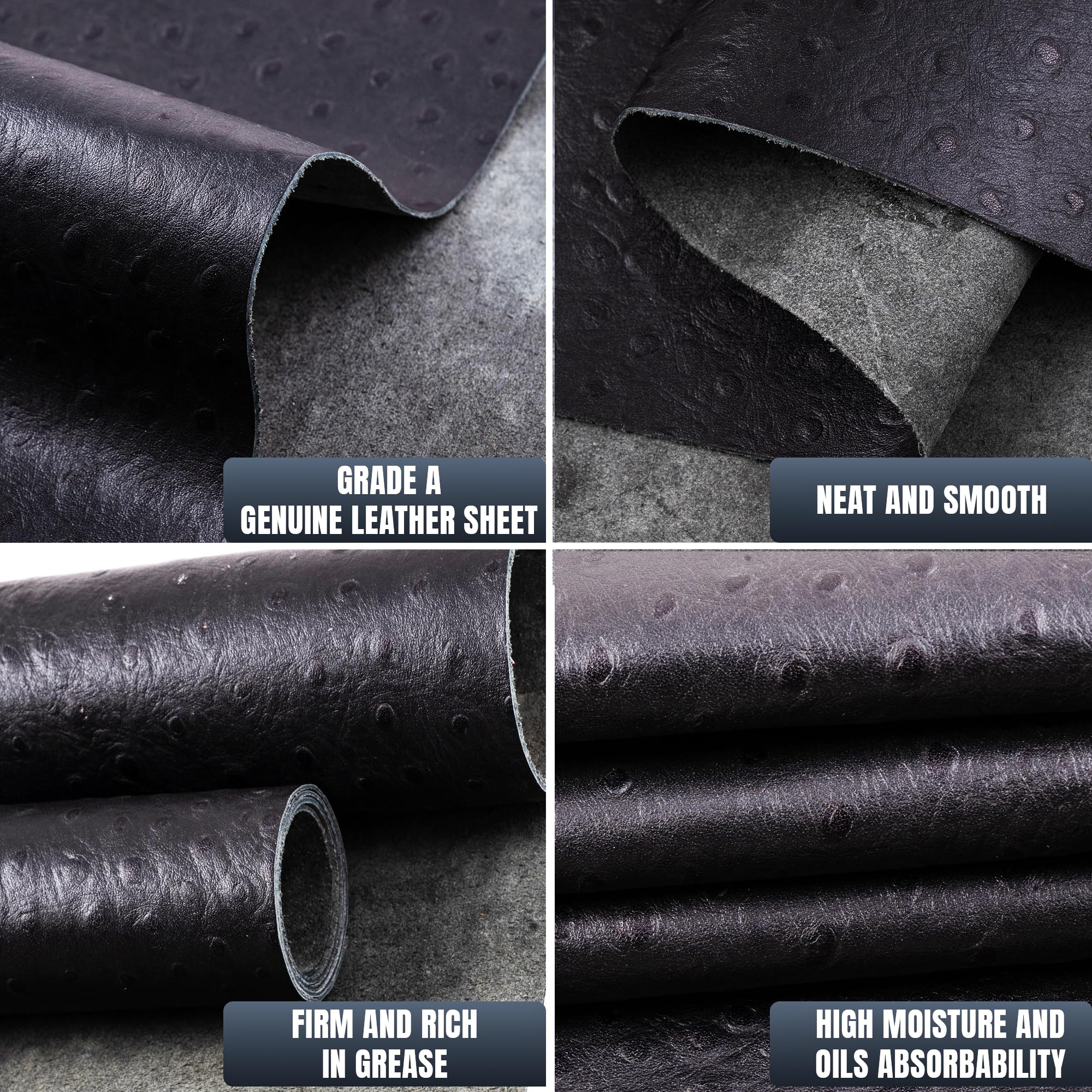 Weaverhandcraft Ostrich-Embossed Buffalo Leather Sheets for Crafting, Sewing, Keychains, Wallets, Belts, Bags, Shoes, Furniture, Home Decor & DIY Projects, 1.2 to 1.8mm Thickness (Black) 3