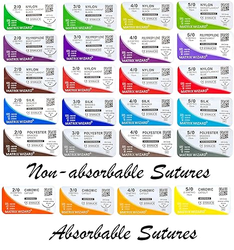 Miniatura 2 de Hilo de suturas mixtas con aguja (absorbible: catgut cromático; no absorbible: nailon, seda, poliéster, polipropileno) - Kit de práctica de heridas