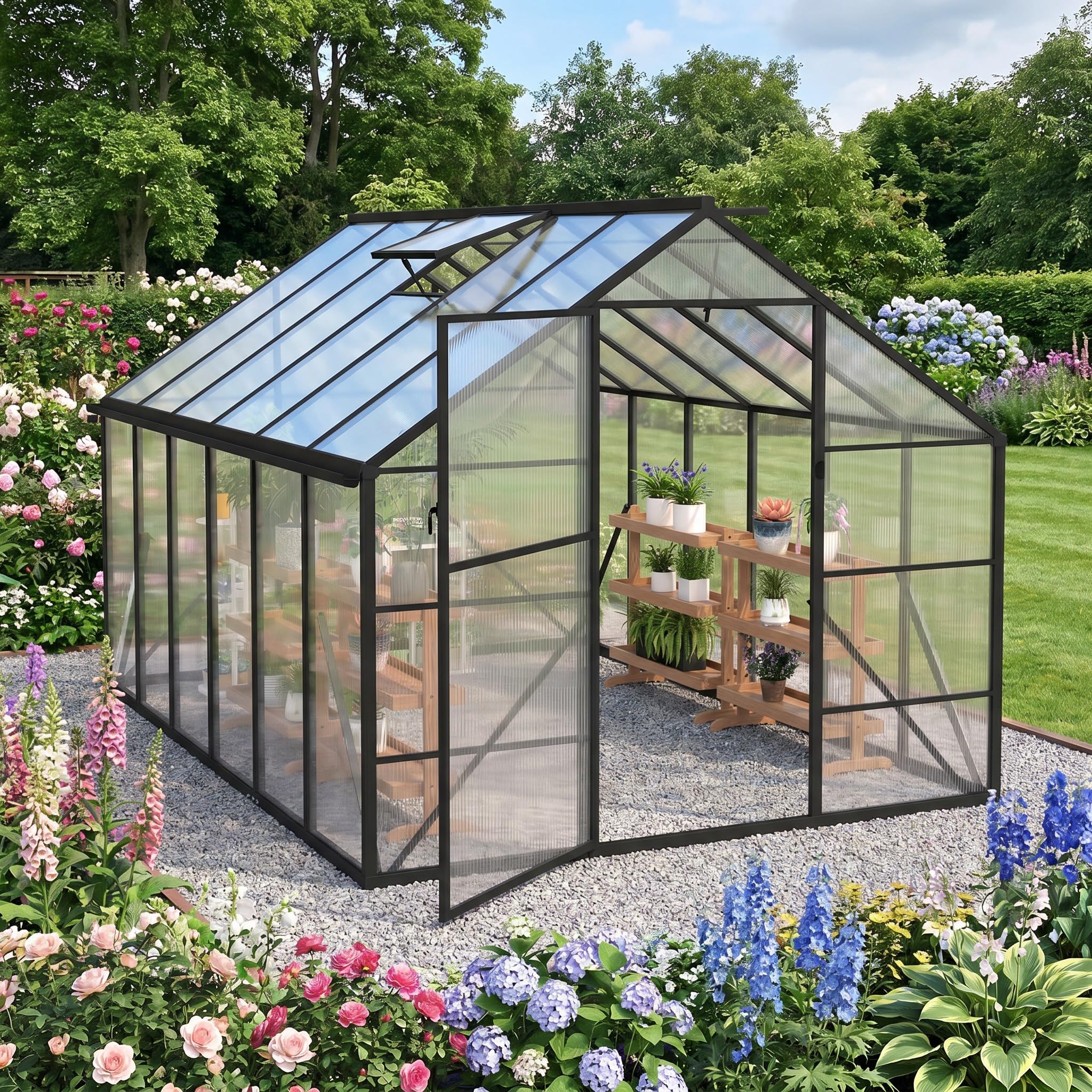 YRHome Aluminium Gewächshaus 249,5x379,5x204,5cm, 5.2mm Polycarbonat Hohlkammerplatten, Schwarz, Gartengewächshaus Wetterfest Winterfest Garten Treibhaus Gartengewächshaus Schwarz