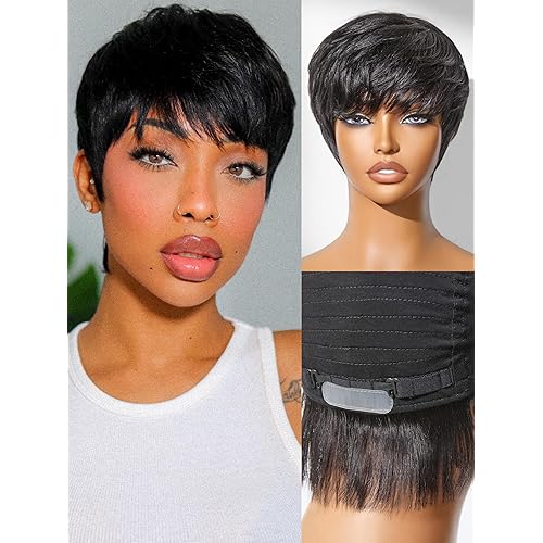 LUVME HAIR Ultra Comfort Throw On & Go Short Pixie Cut with Bangs 5 Inches Skin Friendly Protective Wig Cotton Cap 100% Real Human Hair Glueless Wig Glueless Wig Hair Loss Friendly Full Machine Made