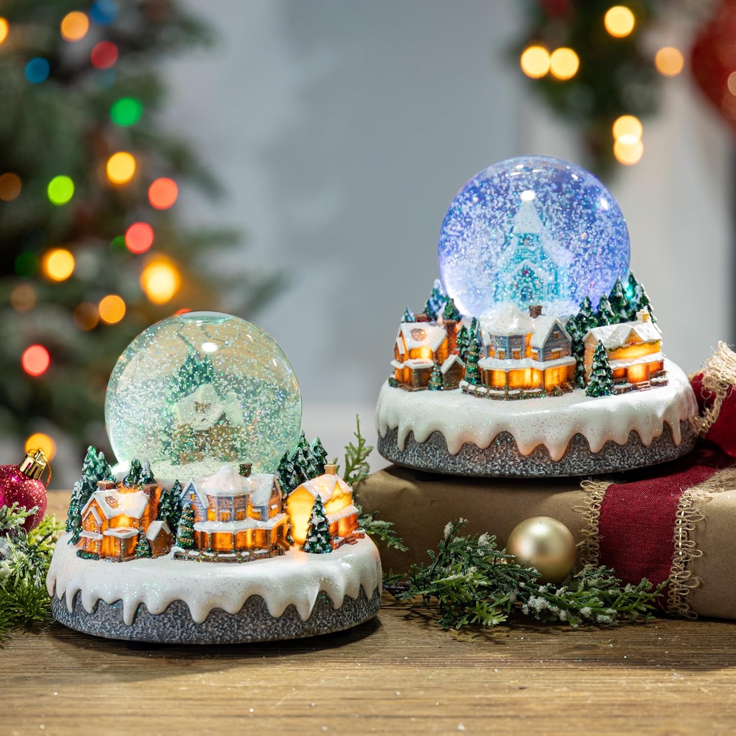 Set of 2 Musical Light Snow Globe with Christmas Village Scene Multi Color Polyresin