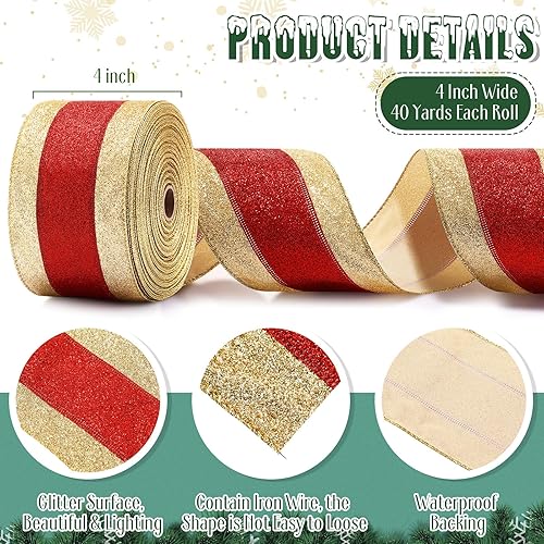Miniatura 2 de Craftsatin Cinta navideña con alambre de 40 yardas con purpurina de 4 pulgadas de ancho, cinta de tela para decoración del hogar, lazos para