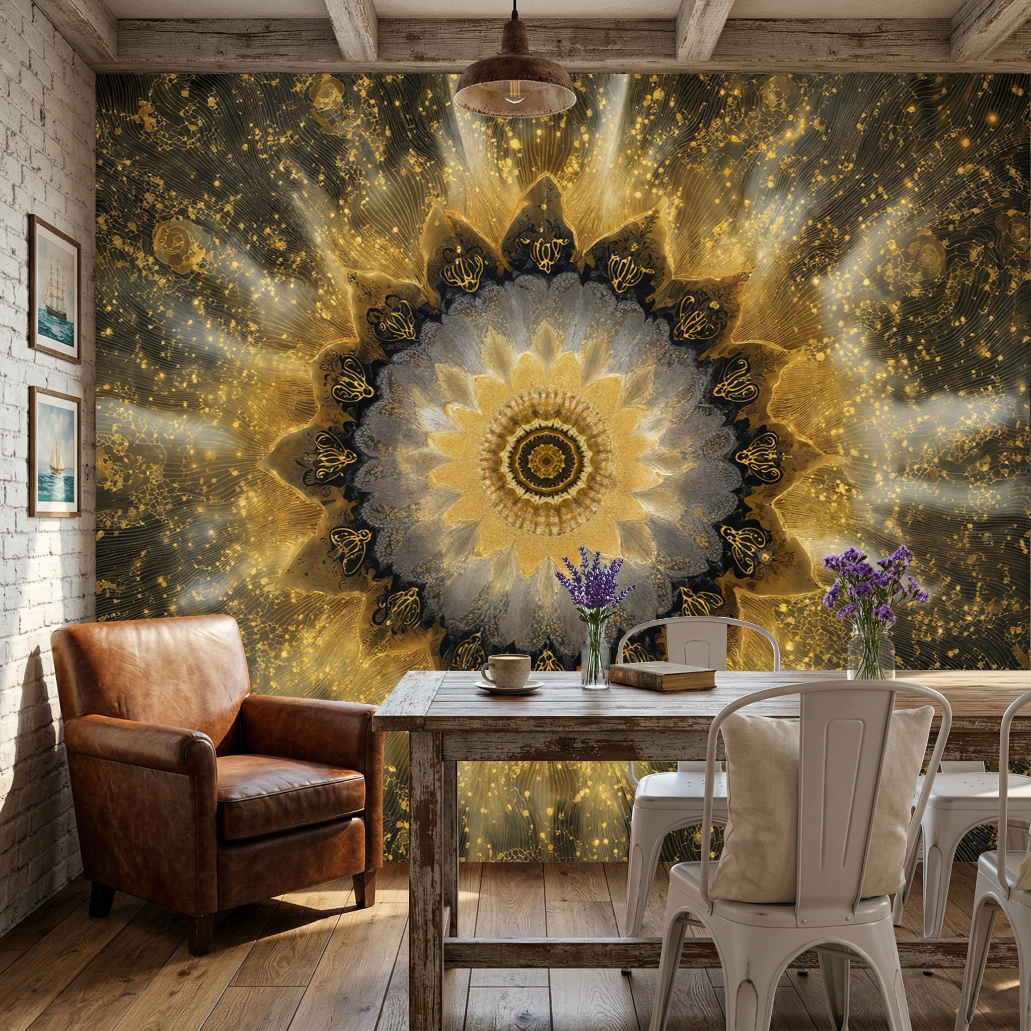 Carta Da Parati Motivo Mandala Dorato 250x175cm Fotomurali in Seta Murale, Decorazione Da Muro Xxl Poster Gigante Design Carta per Pareti Soggiorno Meditazione Ispirata Allo Zen, Oro