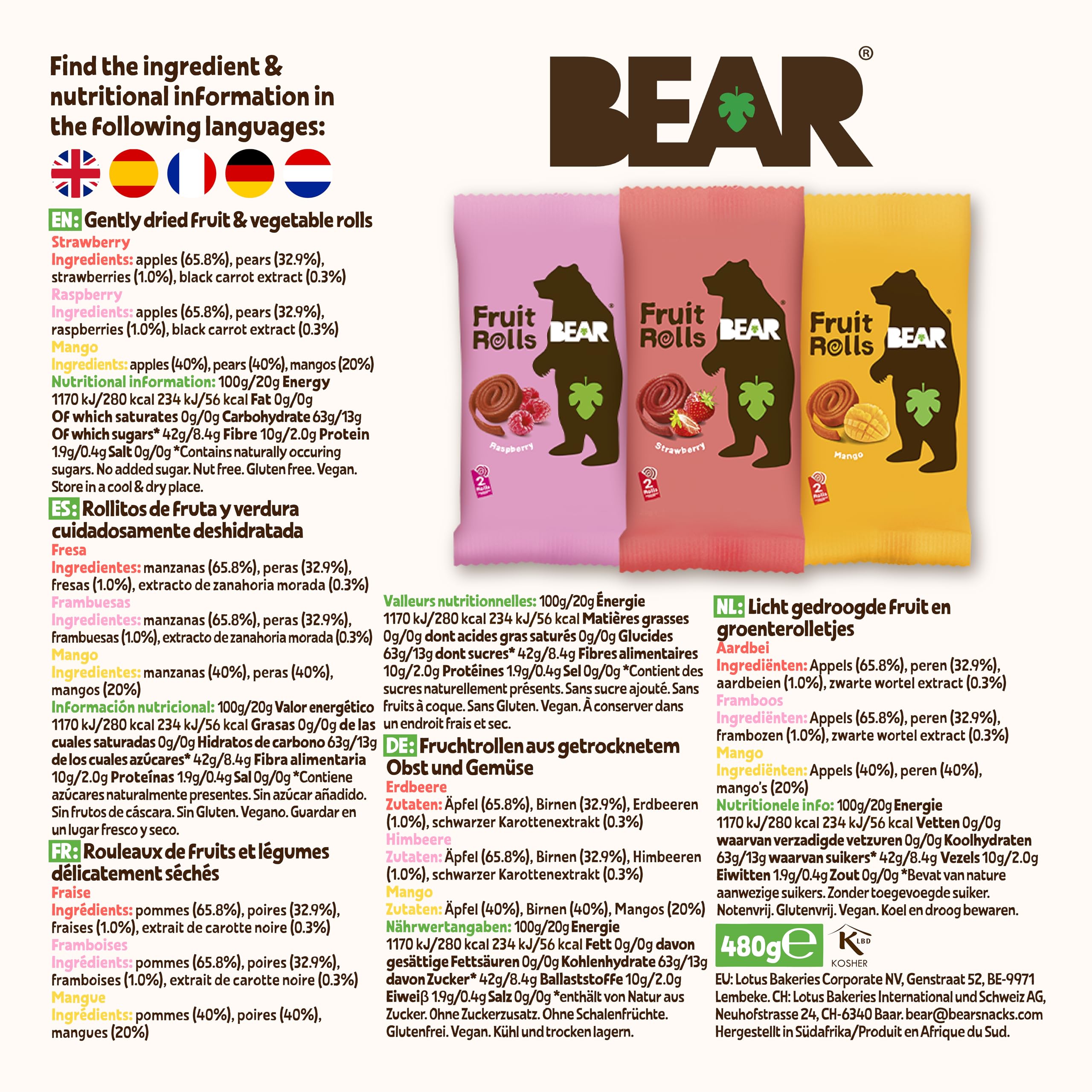 BEAR Paquete Variado de Rollitos de Frutas | Ingredientes 100% Naturales | Sin Azúcar Añadido | Snacks Saludables | 24 Sobres de 20g | 480g