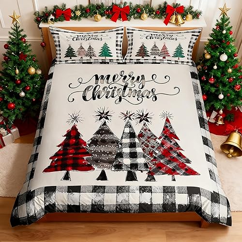 Miniatura 2 de Juego de funda de edredón con diseño de árboles de Navidad, tamaño King, diseño de cuadros geométricos, teñido anudado de tinta, para niñas, niños y
