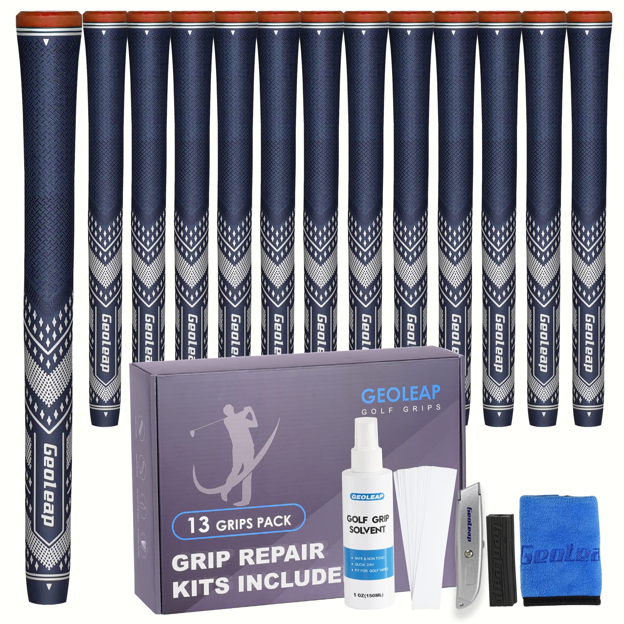Geoleap Golf Grips Set of 13- Soft Golf Club Grips,Reduce Taper Design Provides High Traction and Performance,13 Grips with 15 Tapes and 13 Grips with All Repair Kits for Choice.