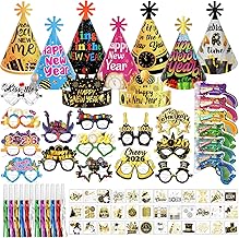 DPKOW 77pcs 2026 New Year Party Favour Accessories, 2026 New Year Hats Glasses Tattoos New Year Confetti Cannon Fringed Noise Maker for New Year's Eve Accessories Multicolored