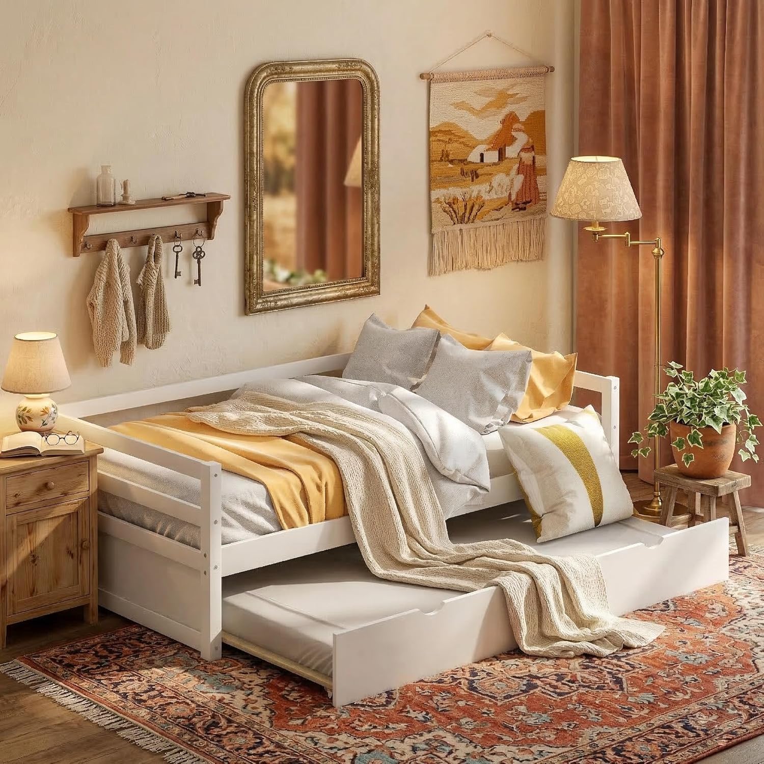 Merax Twin Size Daybed with Trundle, Solid Wood Captains Bed Sofa Bed Frame, White