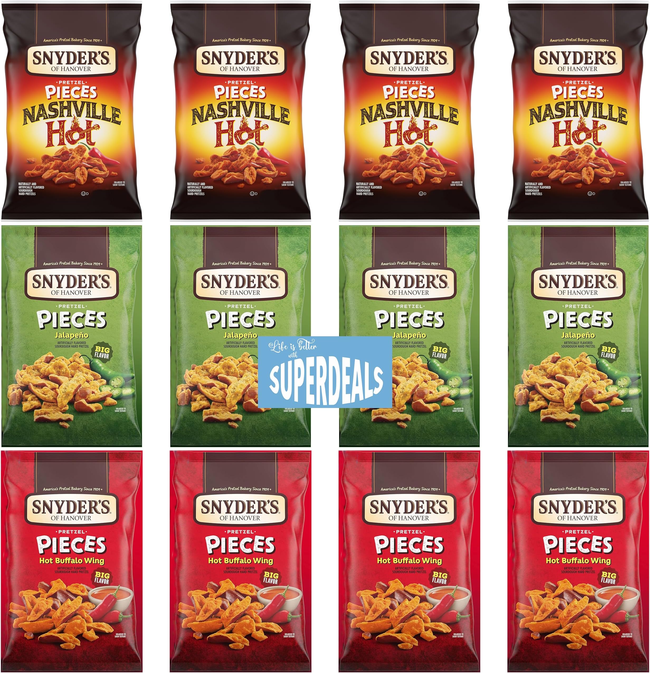 Snyder's of Hanover Pretzel Pieces, Spicy Variety 12 Pack bundled by SUPERDEALS 4 Nashville Hot, 4 Jalapeno, 4 Hot Buffalo Wing Pretzels, 2.25 Oz each bag, total 27 Ounces with mystery gift in every order