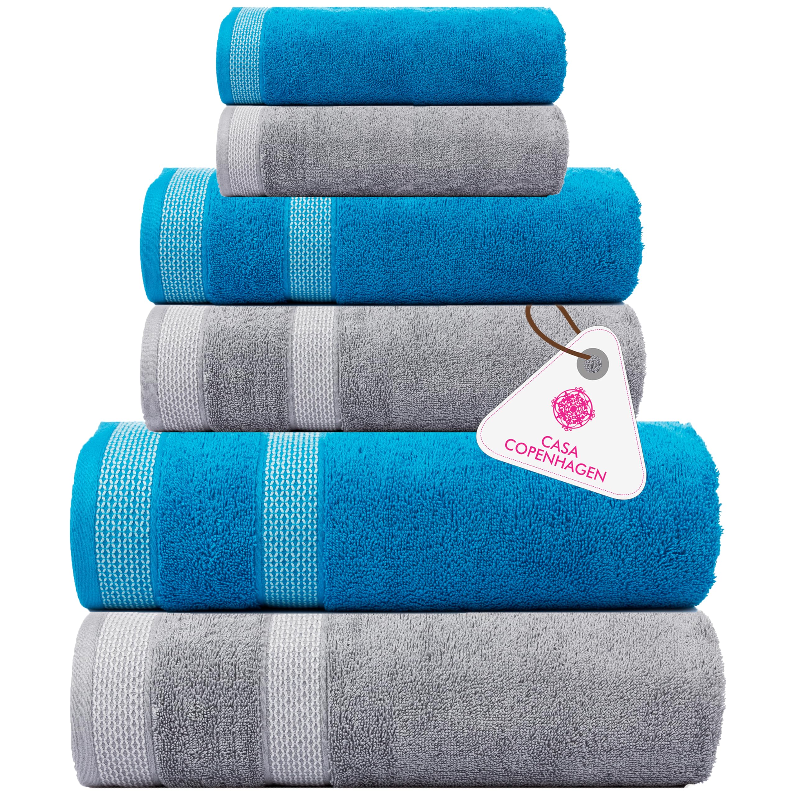 CASA COPENHAGEN Solitaire Mix 6 Pieces Towel Set- Grey Violet + Teal, 600 GSM 2Bath Towel 2Hand Towel 2Washcloth, Designed in Denmark Made of Soft