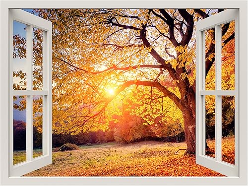 Miniatura 2 de wall26 Adhesivo mural removible para pared, vista de ventana, luz del sol, naranja, otoño, árbol, bosque, naturaleza, fotografía, realismo, paisaje