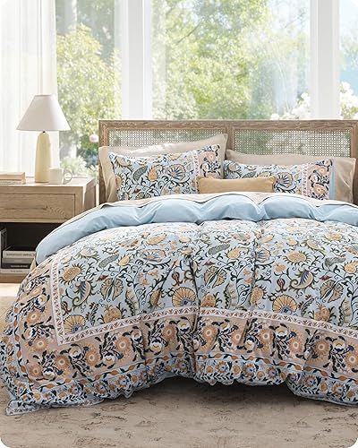 Bedsure Funda de edredón reversible 100% algodón con marco floral vintage, tamaño Queen, funda de edredón clásica con bordes con cierre de