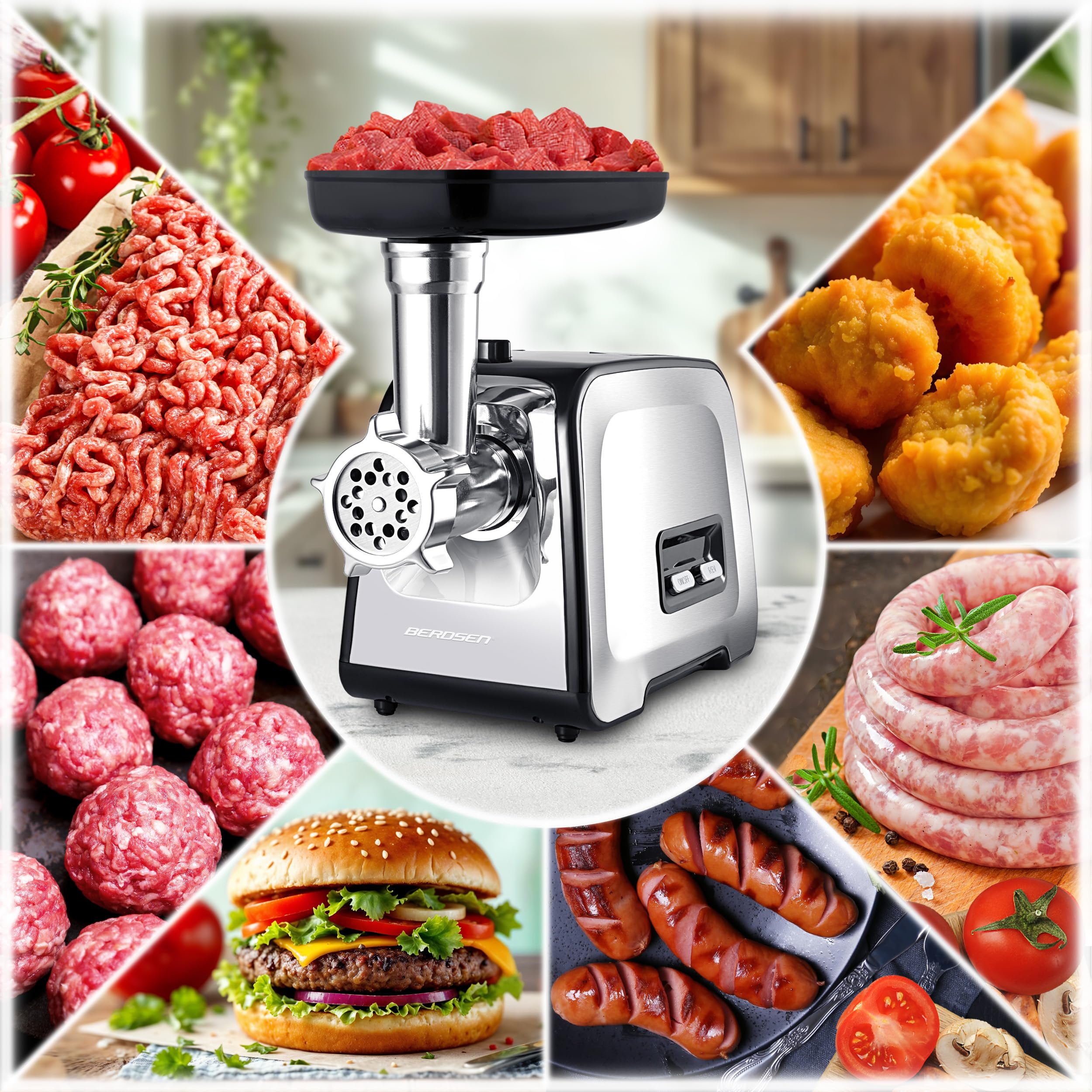 Berdsen Picadora de carne, juego eléctrico con accesorios, accesorios, accesorio para salchichas, hoyos, trituradora, 450/1200 W, plata