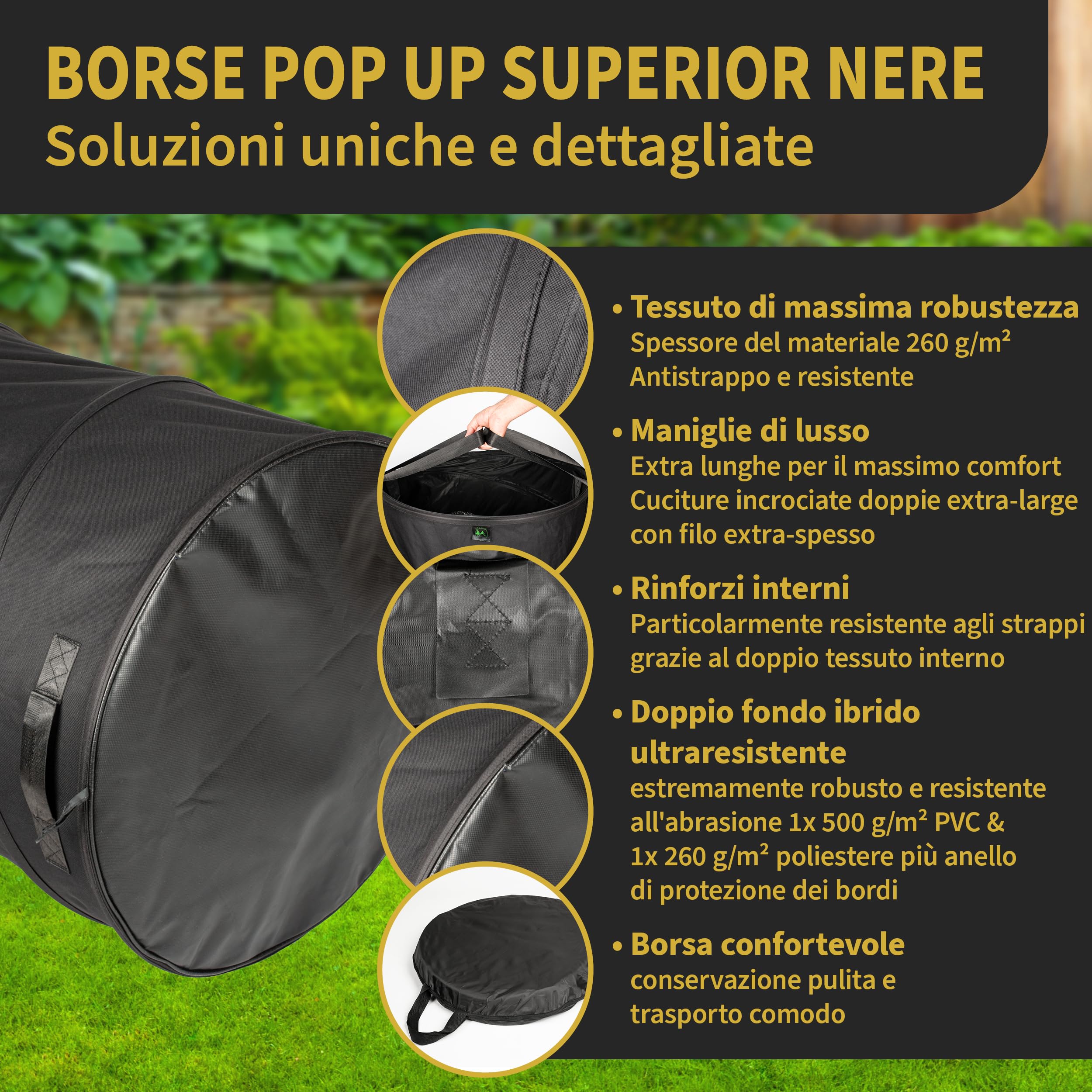 Ttl Garden Black Superior 2 X 170L Pop Up Sacco da Giardino – Doppio Fondo 260 gsm Extra Stabile 600D Oxford Set di 2 Sacchi per rifiuti da Giardino p
