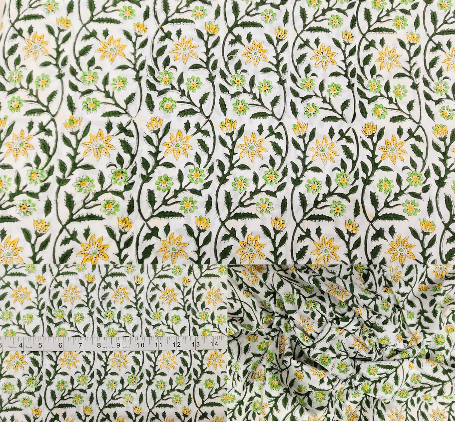 Indian Hand Block Print 60/60 Green 100% Cotton Fabric by The Yard, Lightweight Floral Quilting & Sewing Fabric for Dressmaking, Upholstery & DIY Craft (RB-136 Green, 5 Yard Pre Cut)