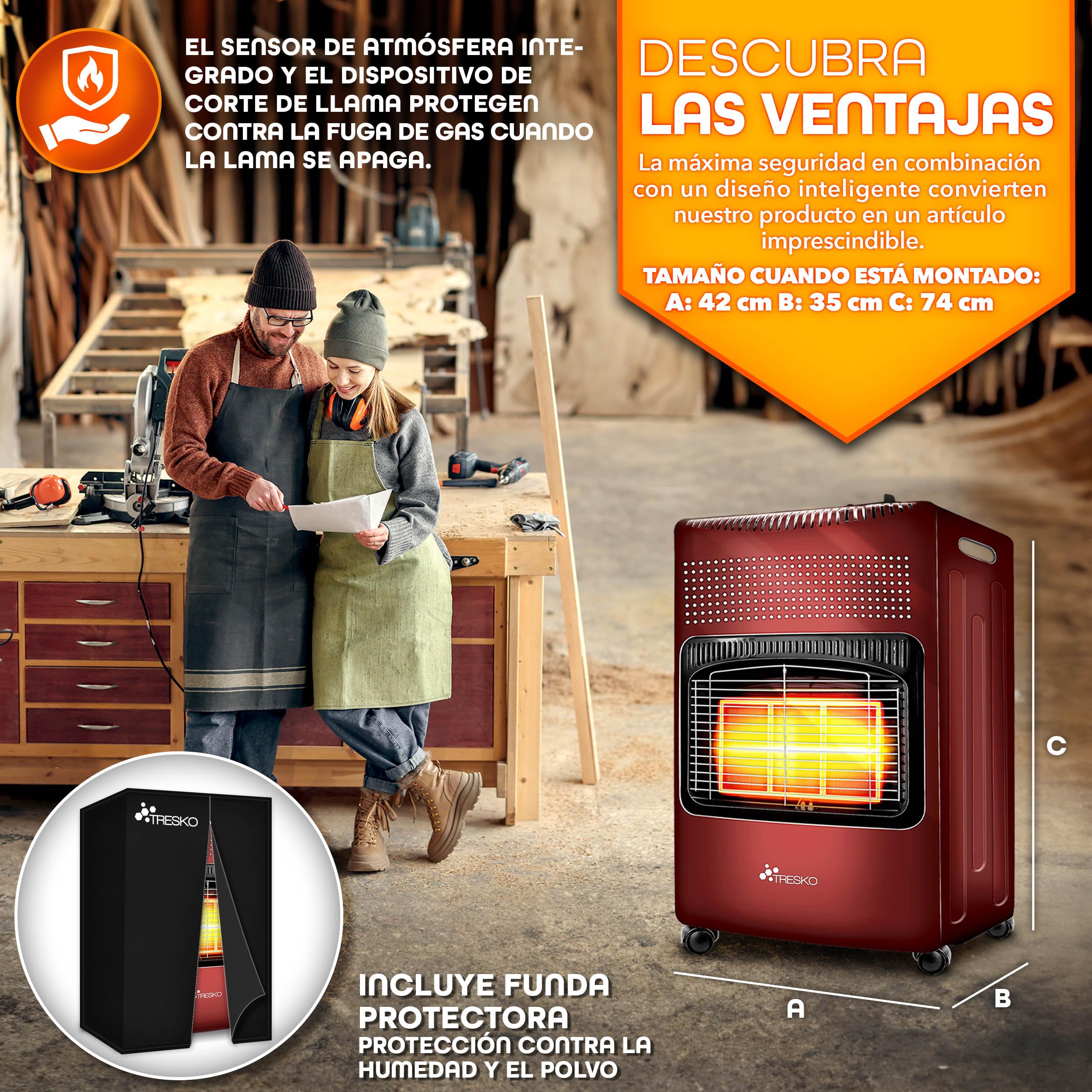 TRESKO Estufa de gas butano plegable 4200W | Estufa cerámica con regulador, manguera y cubierta de protección | Calefactor portátil con 3 niveles de potencia | Dispositivo de calefacción interior