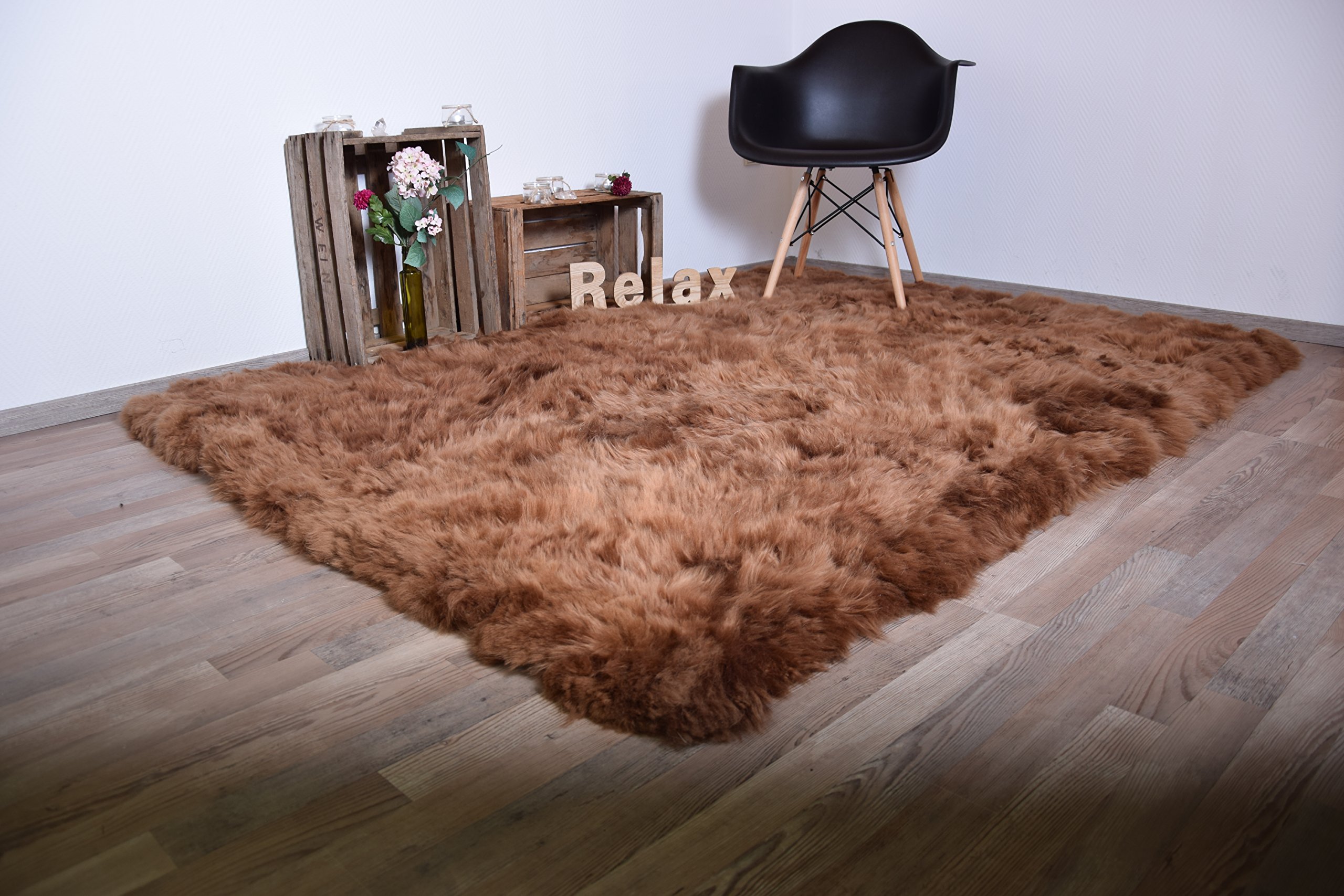 Naturasan, tappeto di design in stile flokati, a pelo lungo e in lana di pecora biologica, stile retrò, Camel, 150x200