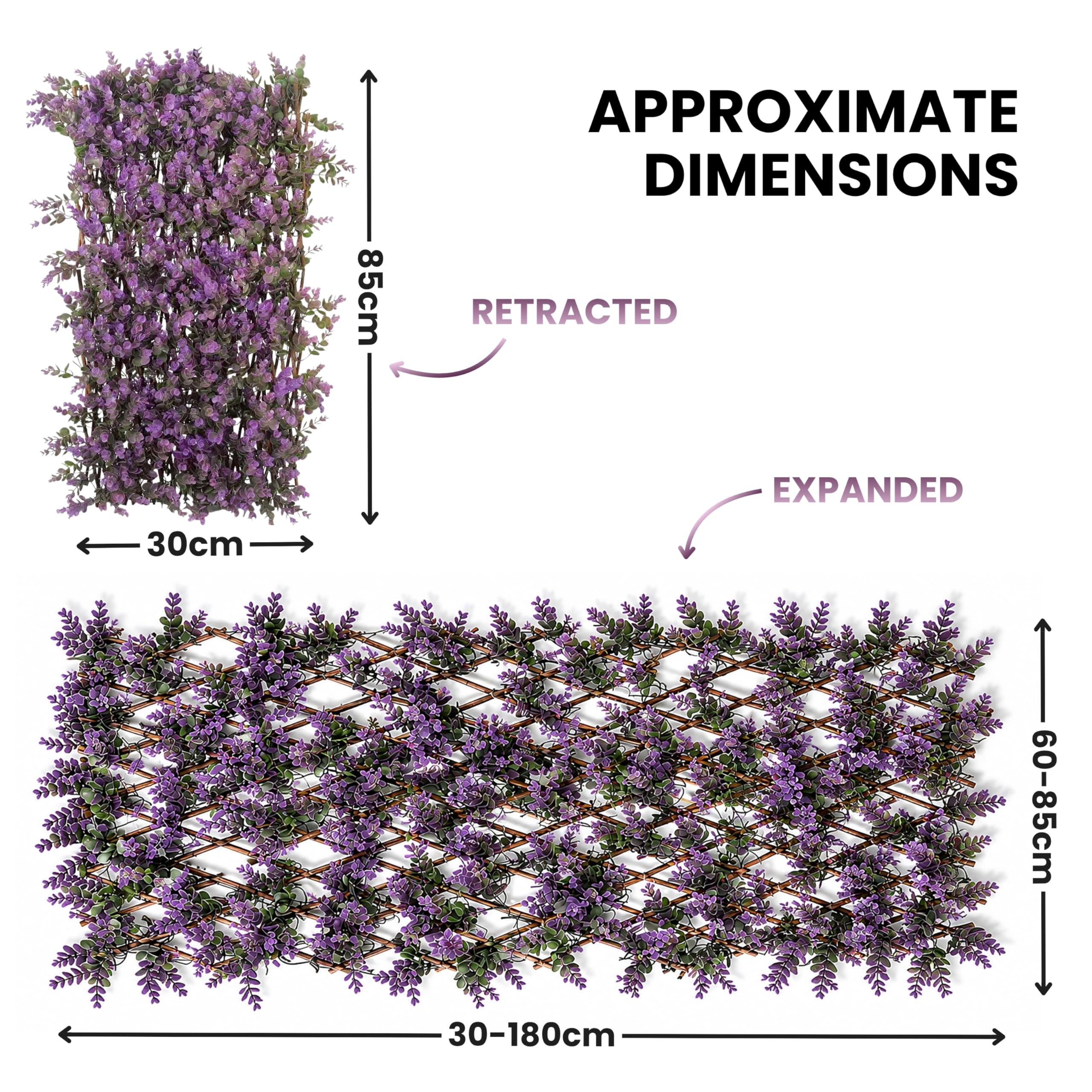 Garden Mile Treillis de fleurs violettes artificielles extensibles de 180 x 60 cm avec fausses feuilles pour jardin, clôture, panneau mural décoratif, balcon, terrasse