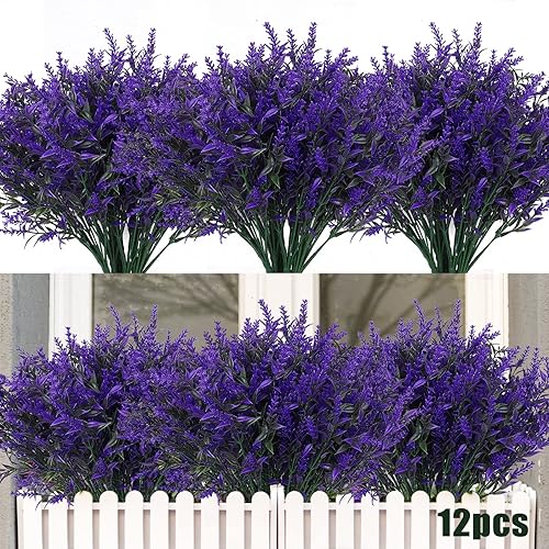Miniatura 30 de Plantas artificiales para exteriores, resistentes a los rayos ultravioleta, vegetación artificial, 12 ramos de flores de lavanda para macetas