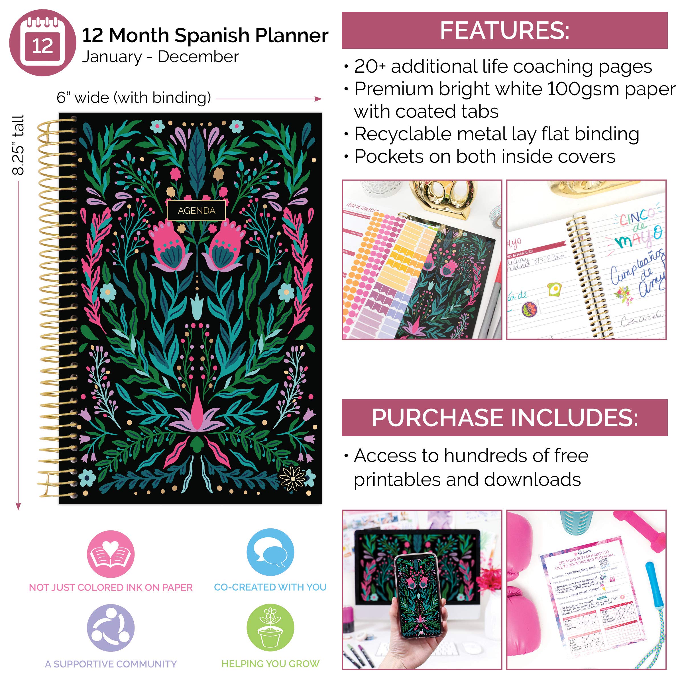 bloom daily planners UNDATED Spanish Calendar Year Day Planner - Passion/Goal Organizer - Monthly/Weekly Agenda Book with Tabs (January to December) - 6" x 8.25" - Folky Floral - Image 2