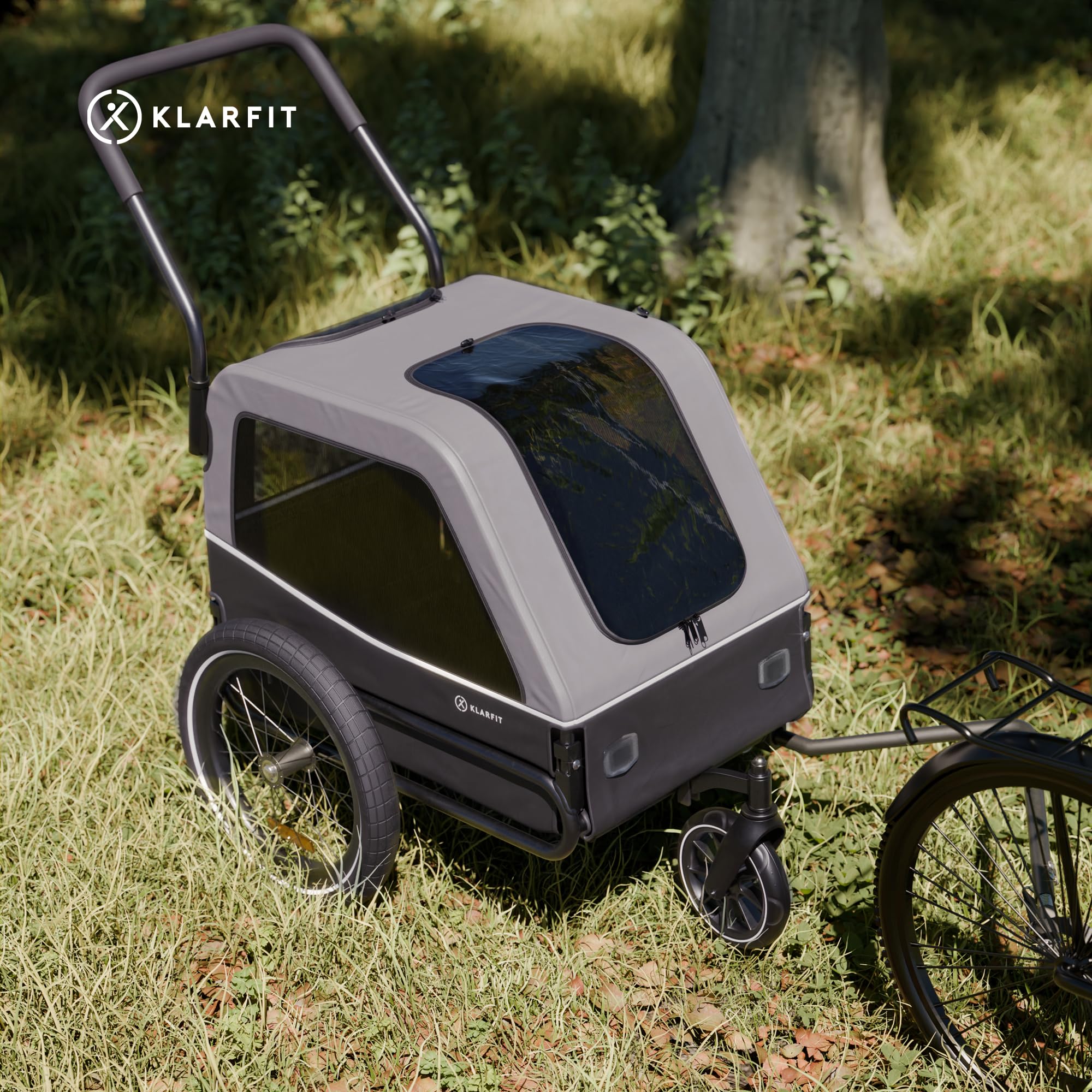 Klarfit Goldie S Remolque Bicicleta Perro, Carro Bici Plegable con Correa Integrada, Poliester Impermeable, Doble Fijación, Reflectores & Cubierta para Lluvia, Carga Máx 45kg, Gris Oscuro