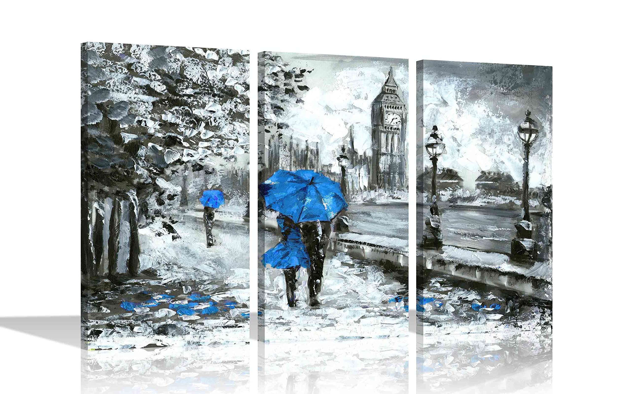 Artley Prints Blue Couple With Umbrella In London Canvas Prints Modern Romantic Pictures For Home Office Livingroom Framed 3 Piece Artwork Xxl 101X50cm X 3 (40X20"X3)