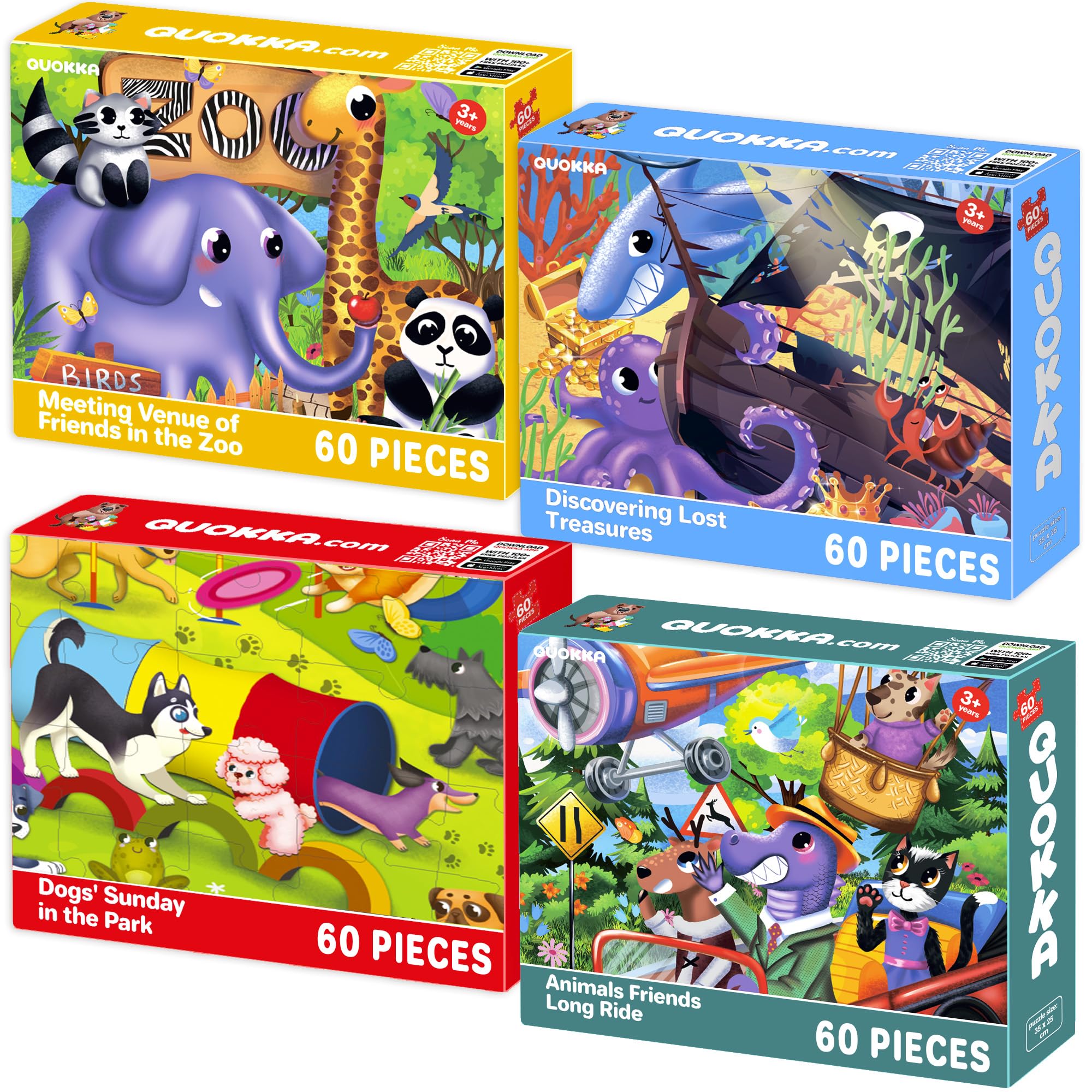 QUOKKA Jigsaw Puzzles For 3 4 Year Olds - 4x60 Jigsaws for Children Age 5 6 7 - Vertical Puzzle Toy For Learning Ocean Animals Zoo Park - Gift Educational Game for Boys & Girls 5-8 yo