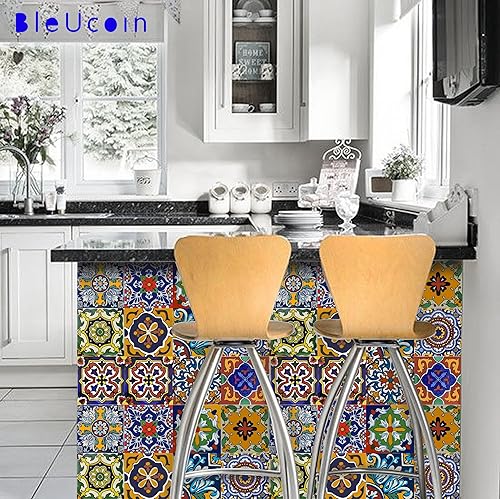 Miniatura 4 de Bleucoin Adhesivos para azulejos de cocina, baño, vinilo resistente al agua, despegar y pegar, azulejos mexicanos de talavera (44, 6 x 6 pulgadas)