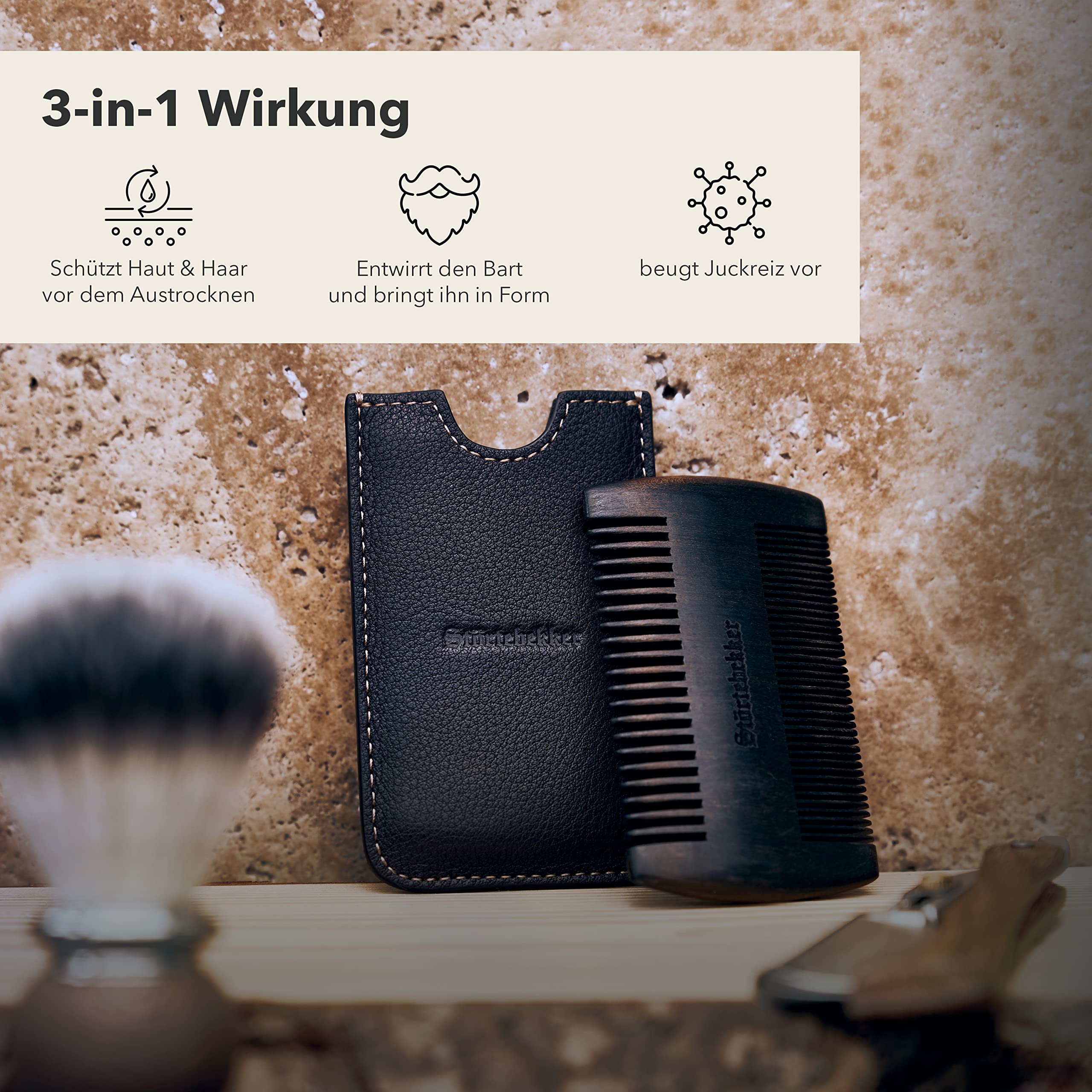 Störtebekker® Premium Bartkamm aus Holz mit handgefertigtem Lederetui - Perfekte Geschenkidee - Bringt jeden Bart in Form dank beidseitiger Verzahnung - inkl. Rasur- und Bartguide