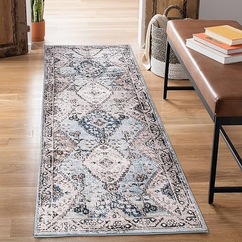Bloom Rugs Camino geométrico tradicional de 25 x 10 pulgadas azul claro verde azulado y gris para entrada pasillo baño y cocina tamaño exacto 2 pies