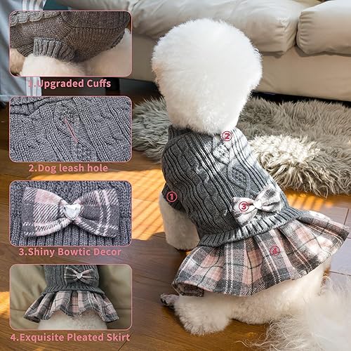 WOYYHO Girl Dog Sweater Dress with Bowtie Turtleneck Small Dogs Sweater with Leash Hole, Knitted Small Dog Sweaters Dress Puppy Winter Clothes for Yorkies Chihuahua (Large, Pink)(Grey,Small (5-9lbs))