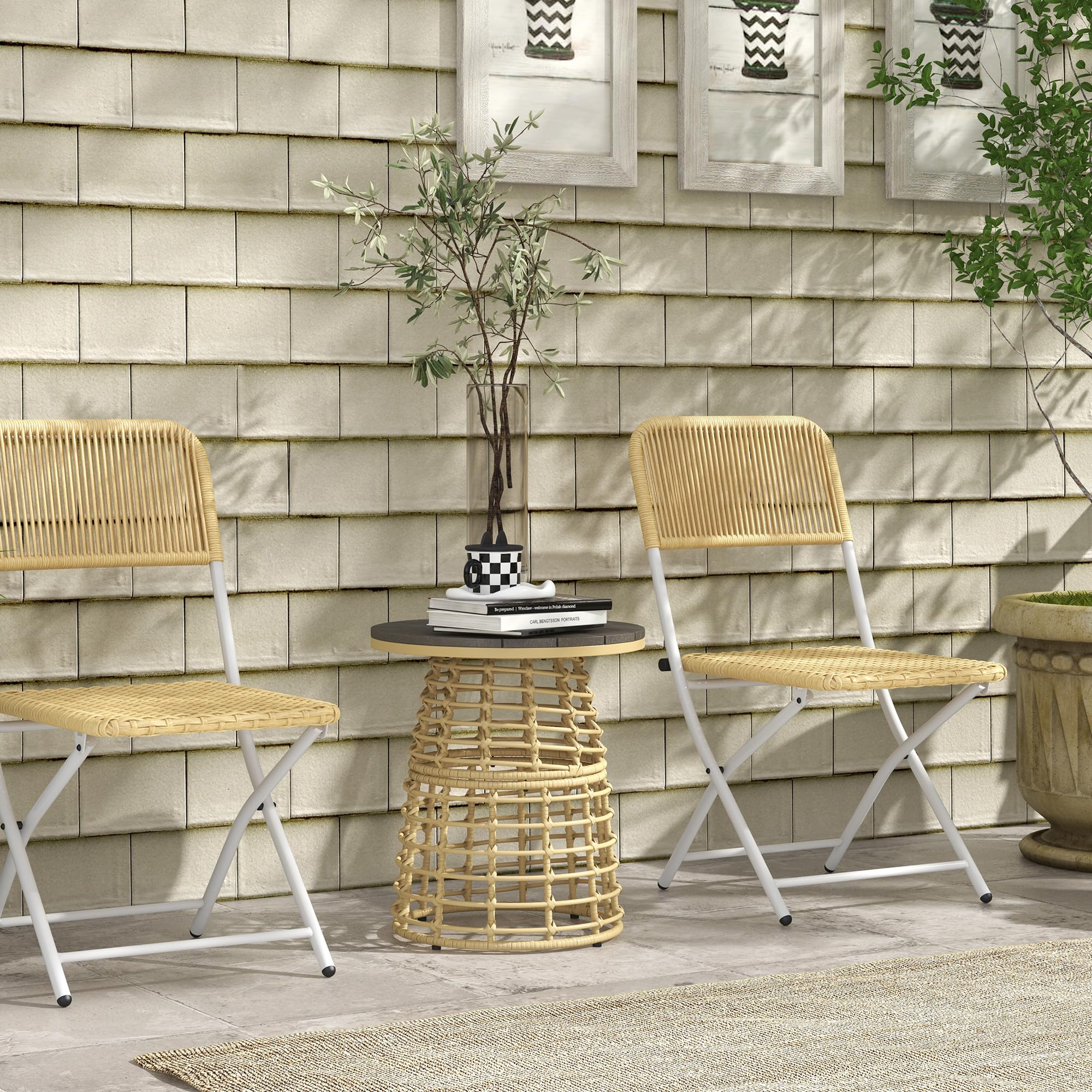 Outsunny Table Basse de Jardin Ronde Résine Rotin Métal Plateau Composite Ø 45 x 50 cm Naturel