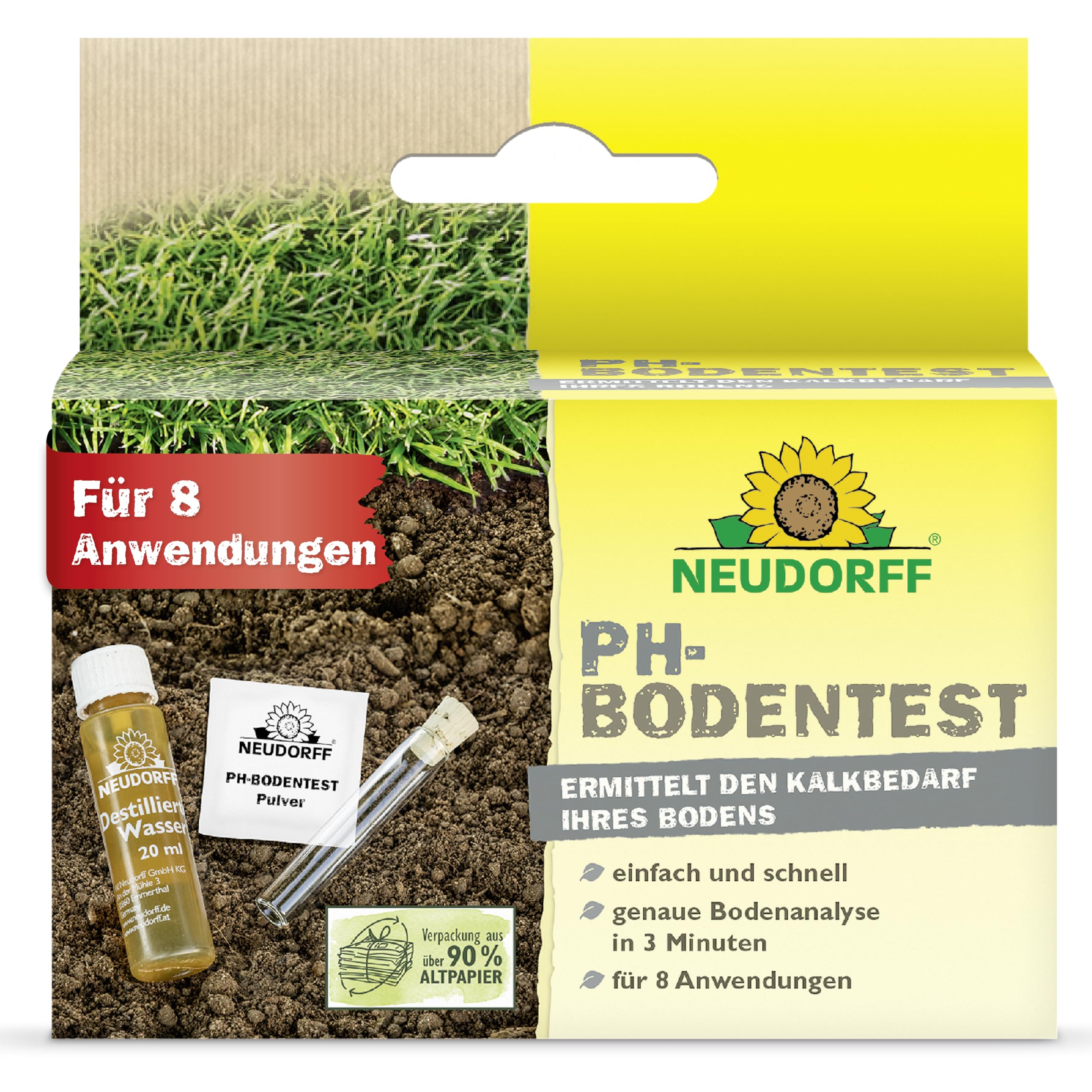 Neudorff pH-Bodentest für 8 Anwendungen – Zur einfachen und schnellen Ermittlung des pH-Wertes von Kulturböden und des Kalkbedarfs, 1 Set
