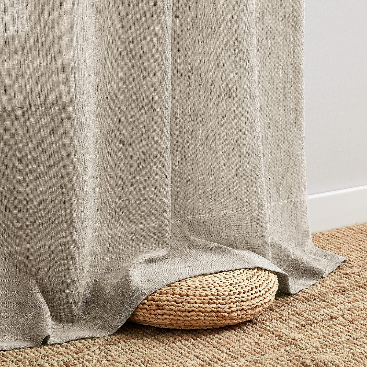 Melodieux Tan Linen Sheer Curtains 84 Inches Long for Bedroom, Living Room Natural Flax Textured Light Filtering Rod Pocket Burlap Sheer Voile Drapes, 52x84 Inch, 2 Panels