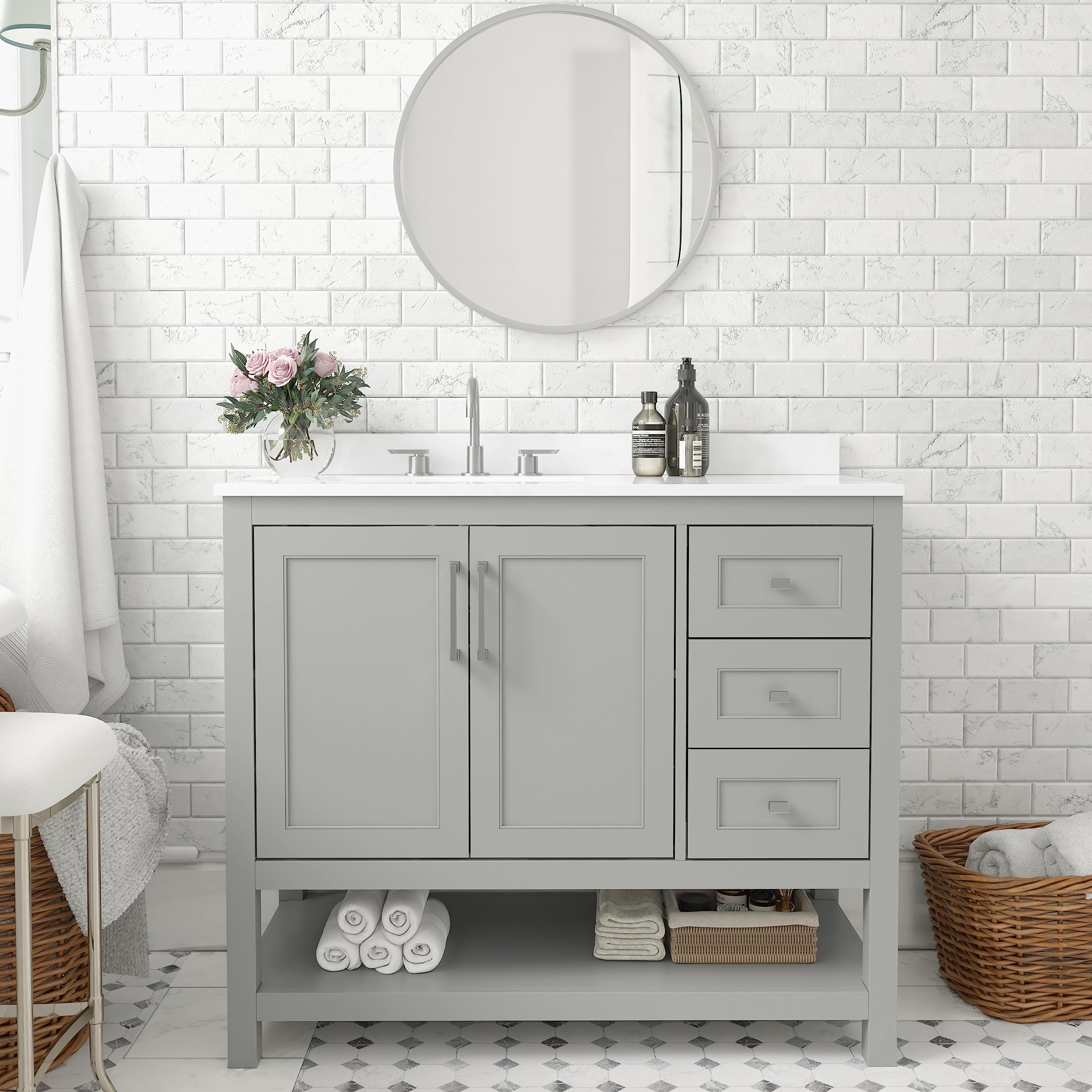 Taylor & Logan Vivien 42 Inch Bathroom Vanity with Carrara Marble Finish Countertop, Single Sink Cabinet with Soft Close Doors, Open Shelf and 3