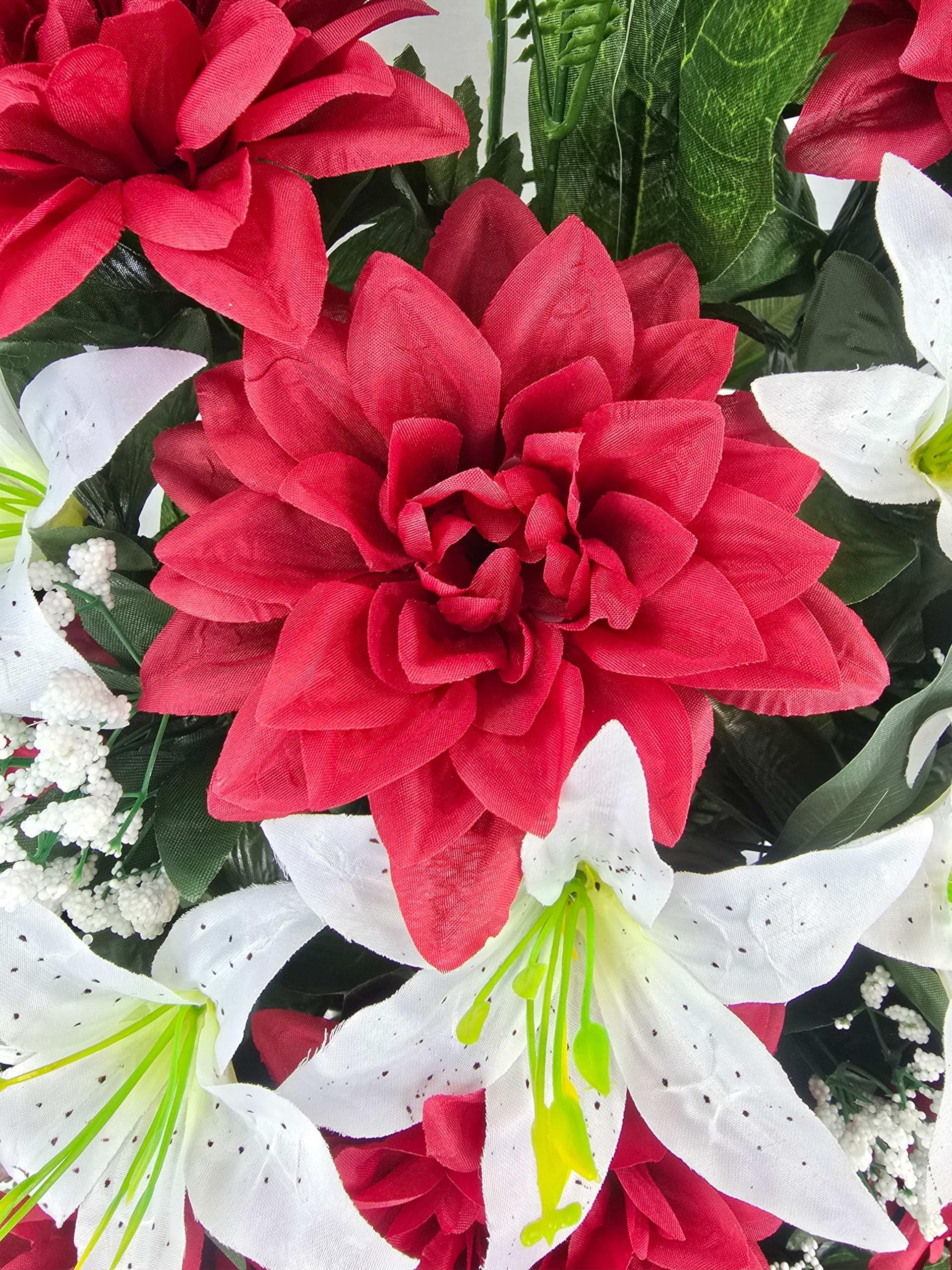 Centro de Flores Artificiales Cementerio, Iglesia Bodas sepulturas Rojo y Blanco con dalias, hortensias, claveles y gerberas 70x73x30
