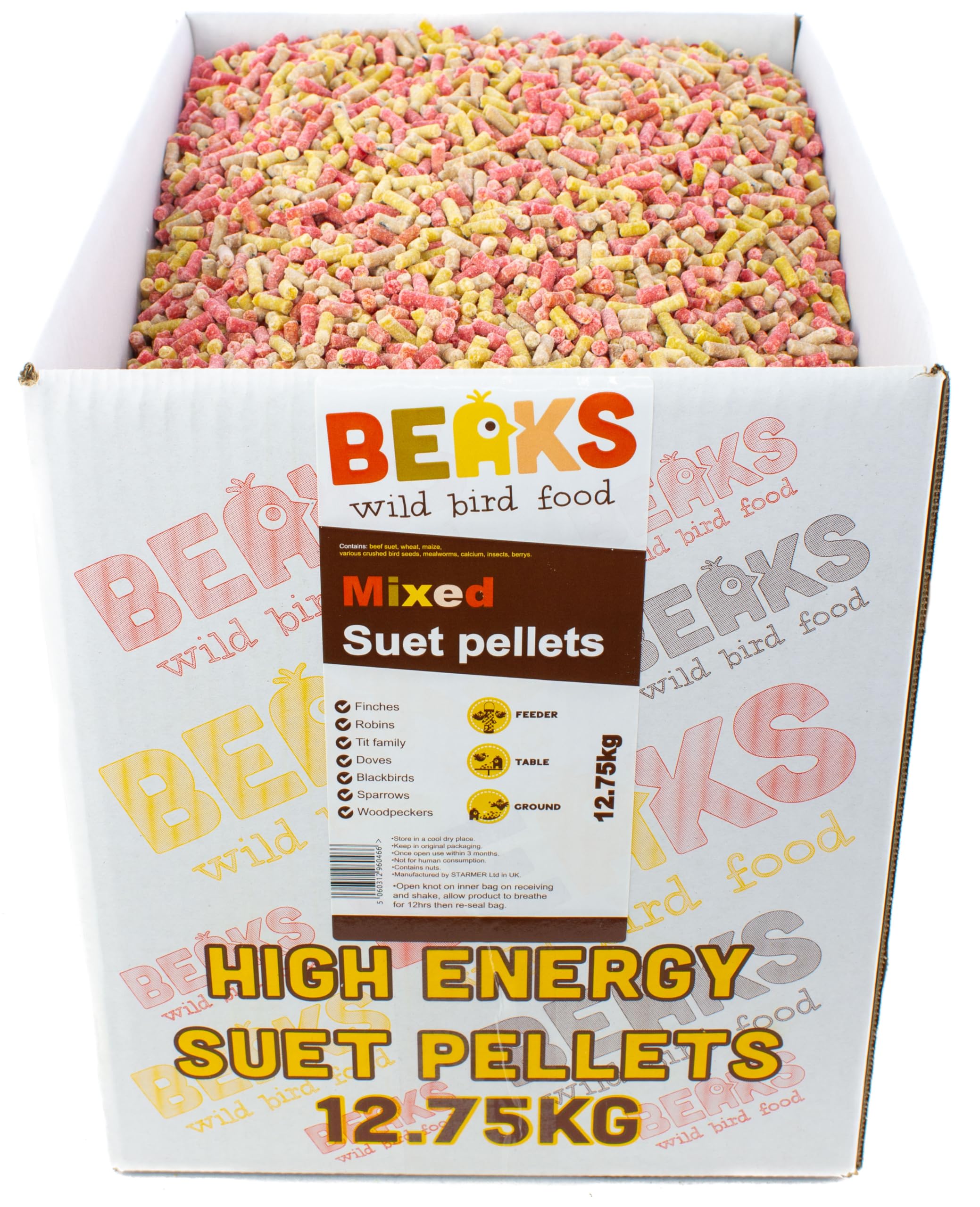 BEAKS MIXED high energy Suet Pellets 12.75kg berry, insect, Peanut, Meal worm free pp