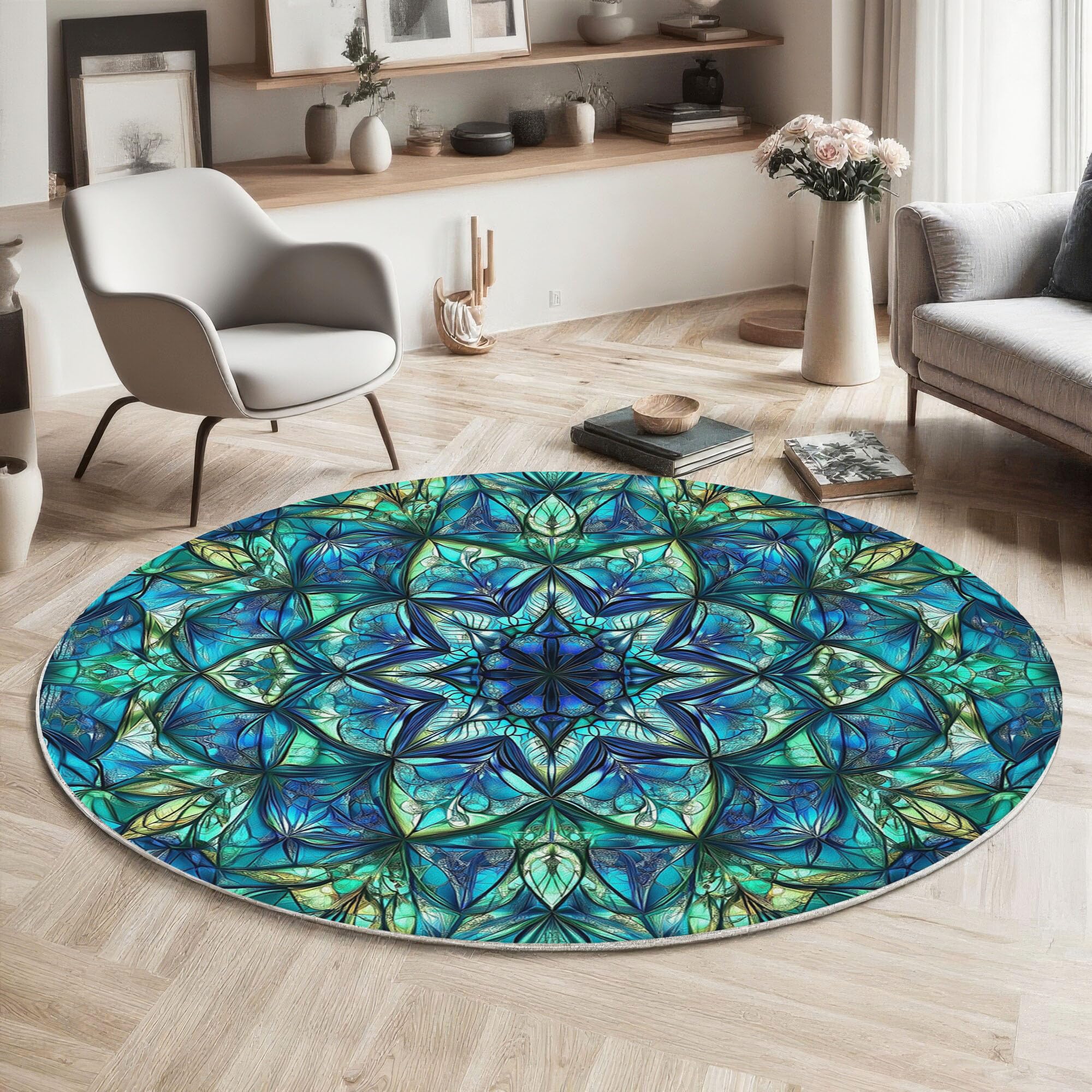 Tapis Rond Mandala Kaléidoscope 180 cm, Tapis à Poils Courts Vitraux Lavable en Machine Antidérapant Décoratif Rond pour Salon Chambre Salle à Manger, Vert