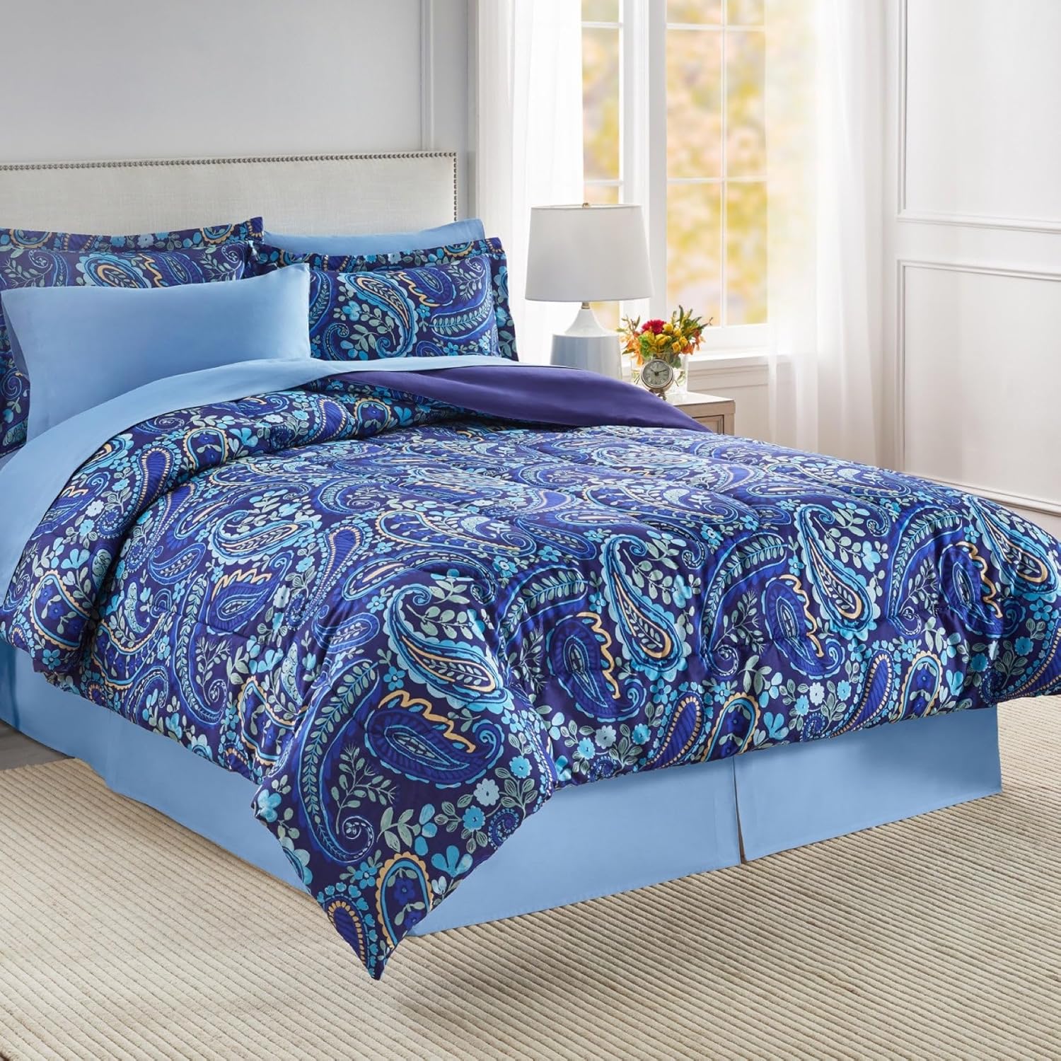 BrylaneHome BH Studio Two-Tone Fully Reversible Polyester Plush Bedding Comforter - King, Navy Paisley