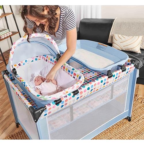 Miniatura 2 de Dream On Me Lilly - Corral de lujo en gris primavera con moisés completo, bandeja cambiadora y cuna para bebé, con dosel, tela impermeable,