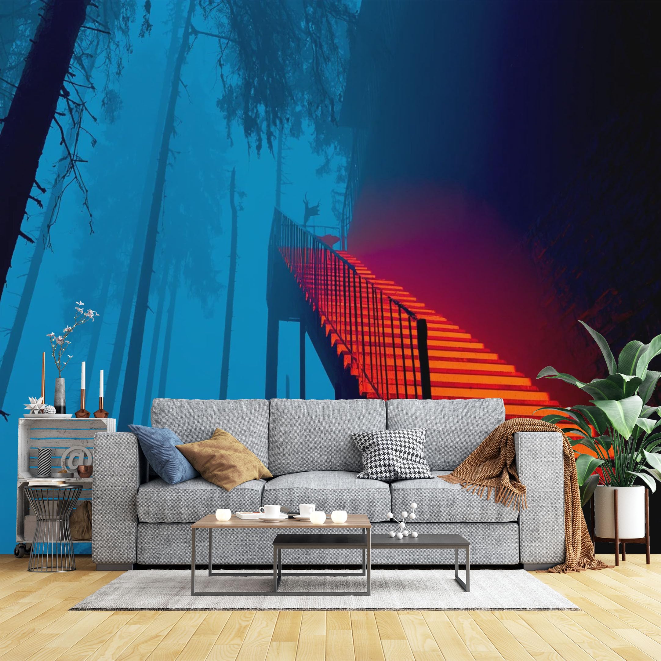 Custom Size Wall Murals Neon Staircase in Foggy Forest Wall Murals Moody Landscape Wallpaper, Large Photo Wallpaper Self-Adhesive Removable Wallpaper for Bedroom