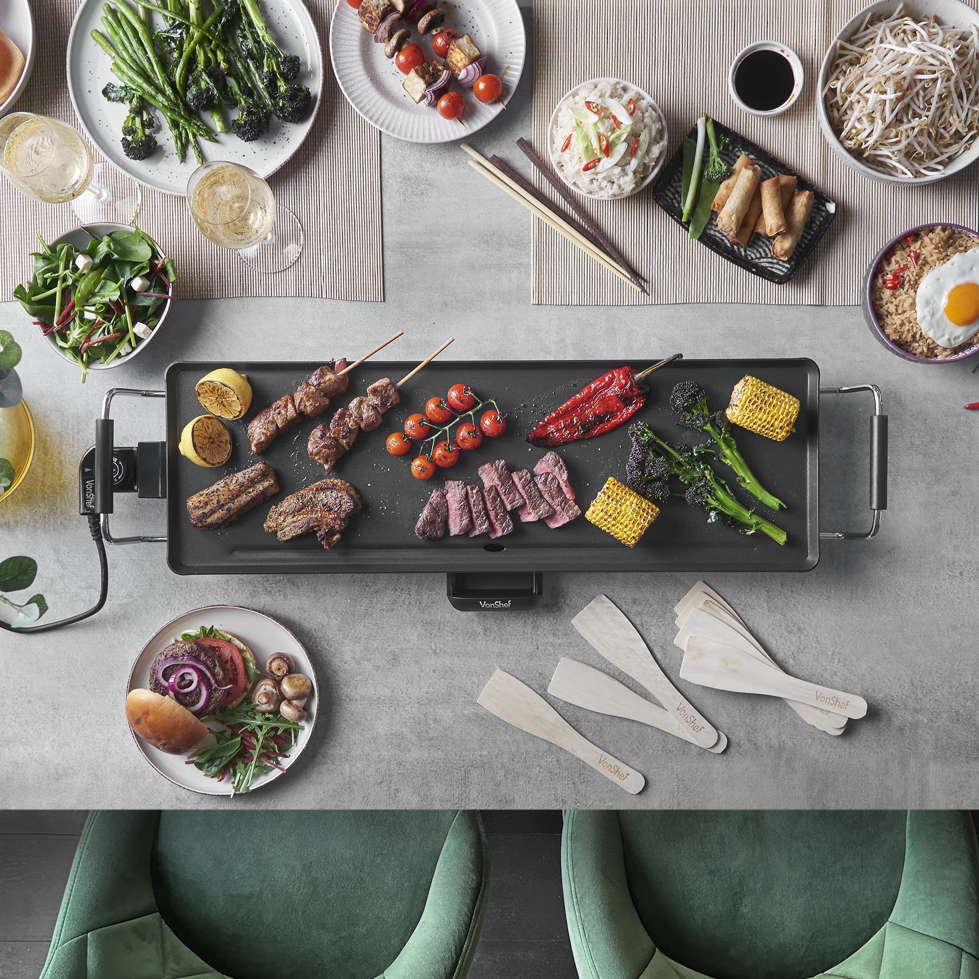 VonShef Teppanyaki Grill XL - 2000W Electric Griddle with Non-Stick Plate, Easy Clean BBQ Table Top Grill, Adjustable Temperature, Oil Drip Tray & 8 Spatulas - Meat, Vegetables & Fish, 70x23x10cm — view 5