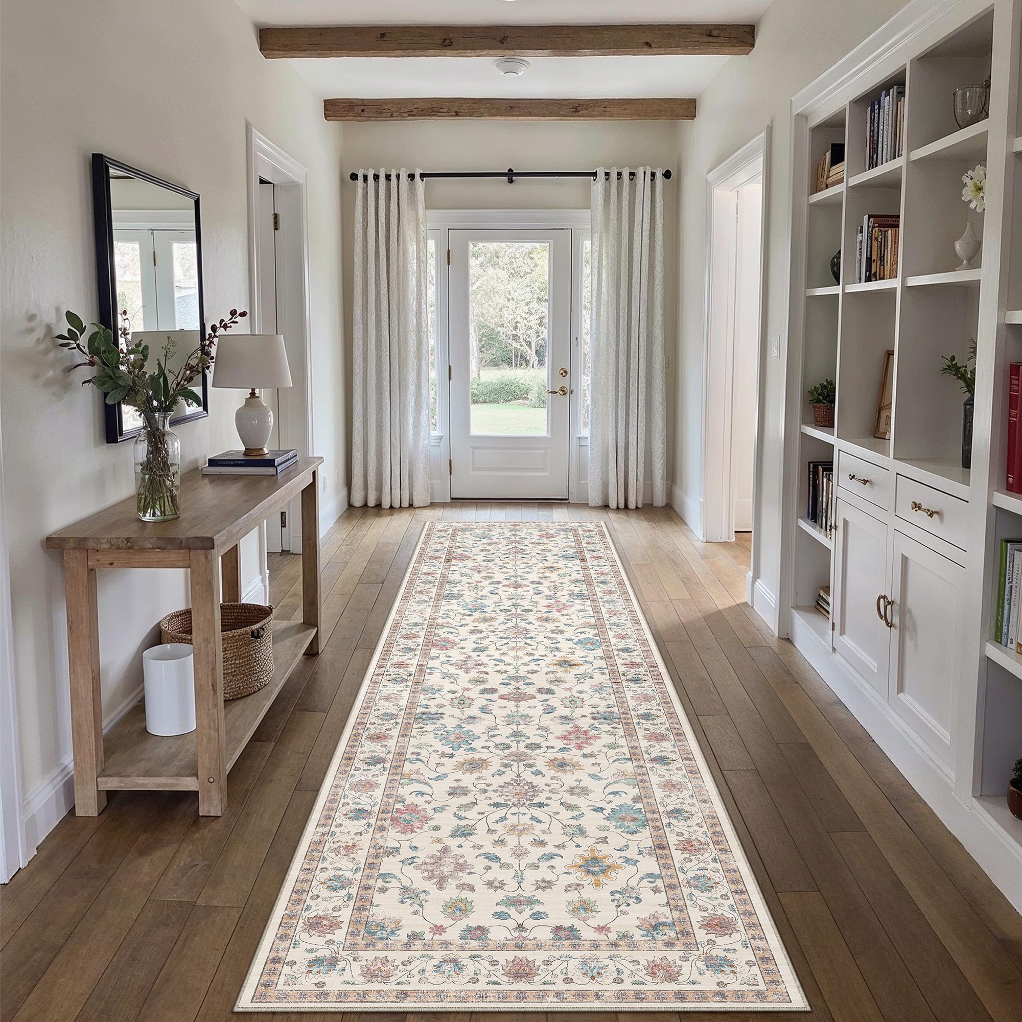 PureCozy Teppich Wohnzimmer Vintage Blumenmuster Boho | Waschbar, Rutschfest, Kurzflor, Weich, Pflegeleicht, Schlafzimmer, Esszimmer, Flur, Büro