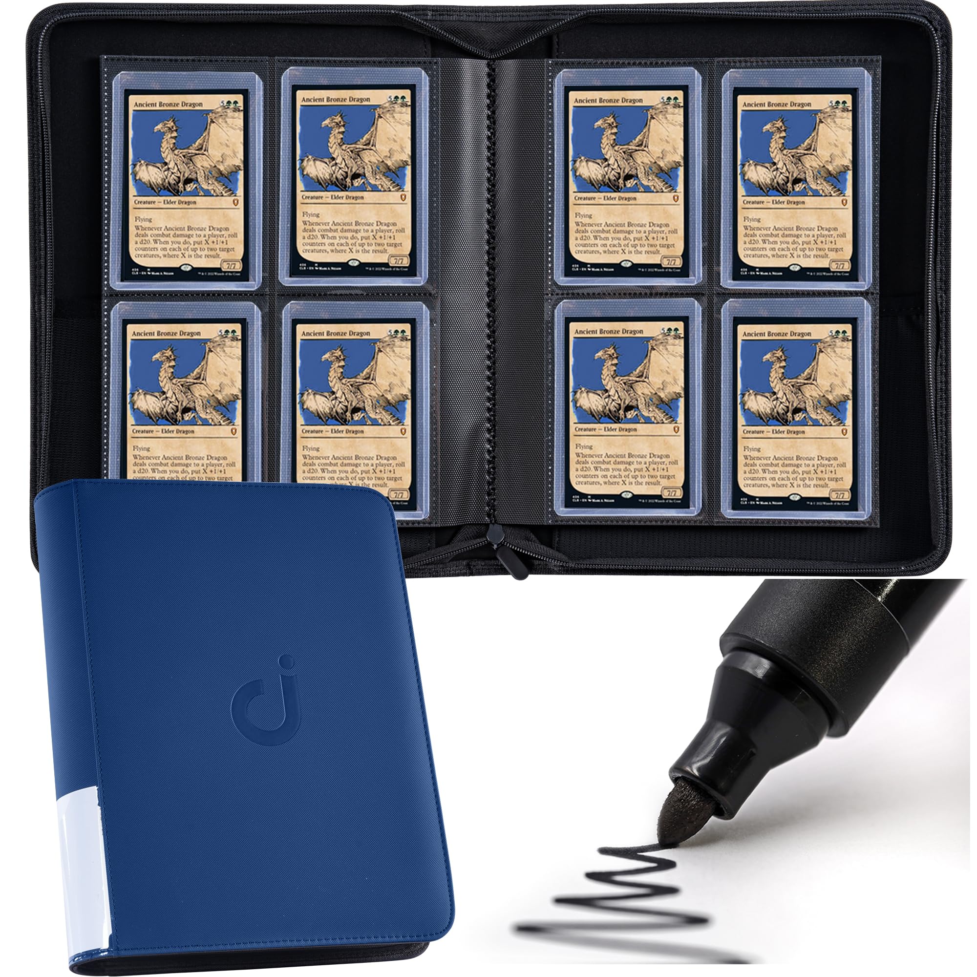 D DACCKIT Toploader Binder, Holds 128 Toploaders - 4 Pocket Top Loader Binder for 3" x 4" Rigid Card Holders for Trading Cards or Sports Cards（Navy Blue）