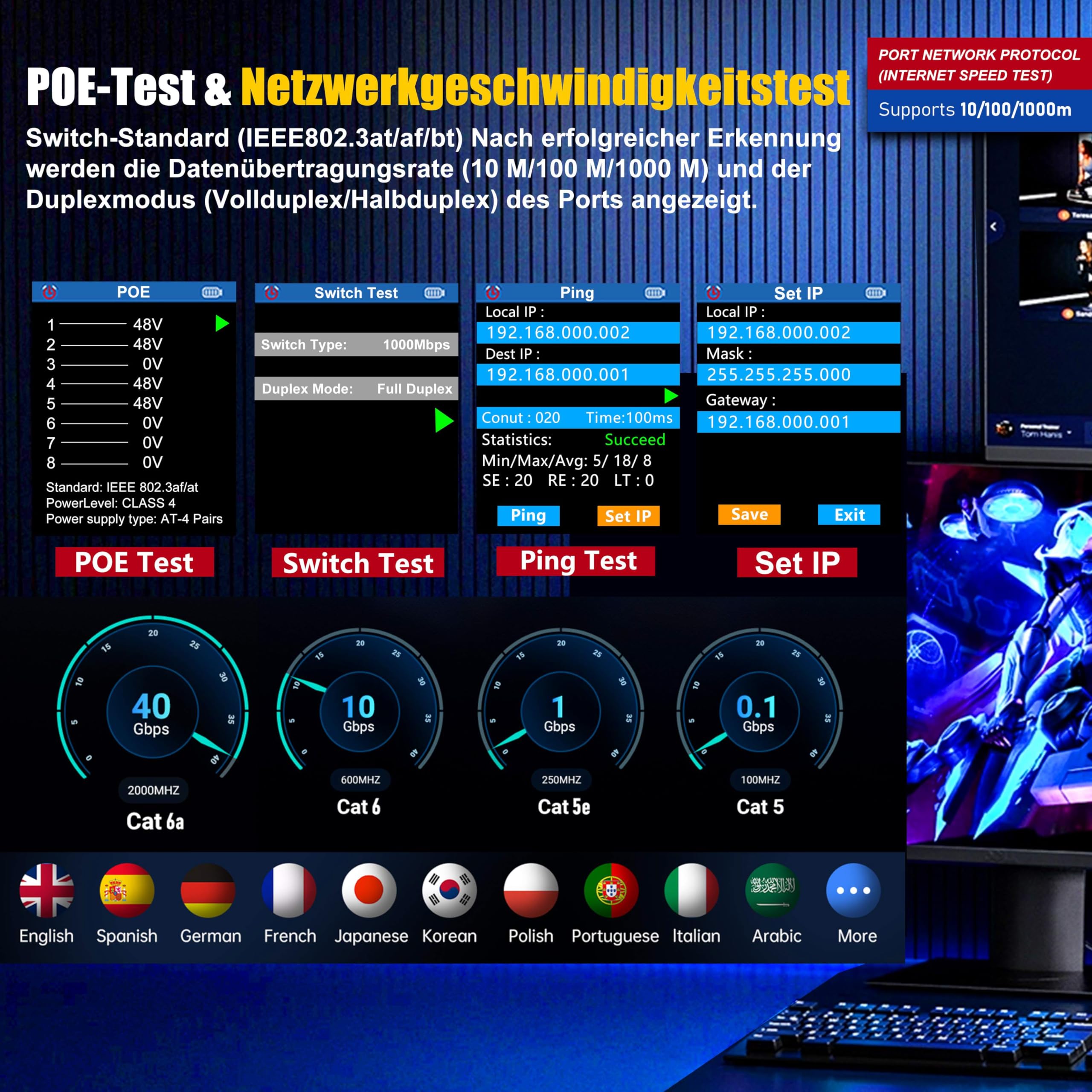 NF-859GK Netzwerk-Kabeltester TDR Multifunktional mit IP-Scan/VFL/PING/POE/CAT5 CAT6 CAT7 /RJ45 RJ11 Kabeltester für Telefonleitungen Ethernet-Kabeltester LAN-Netzwerktester