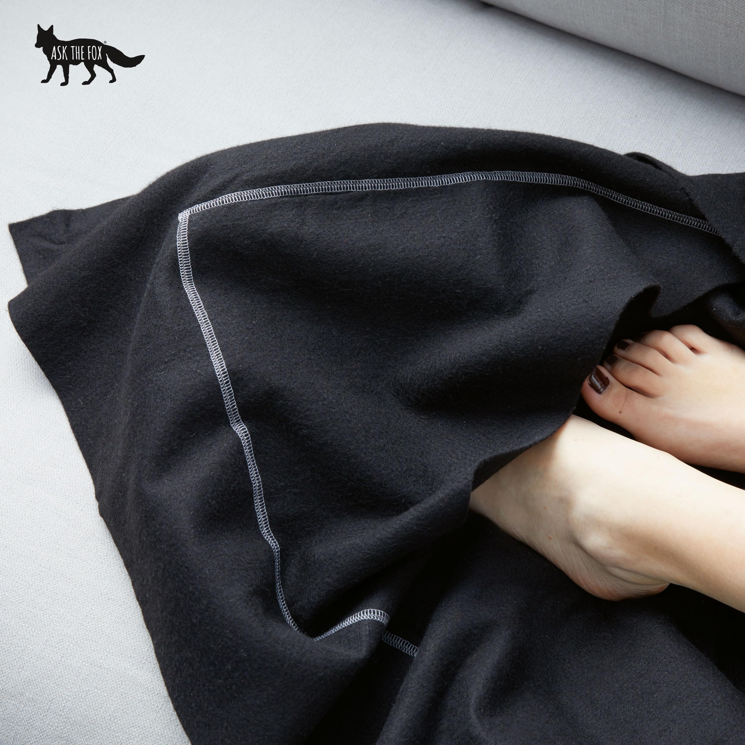 Hoodie Fox - Manta con capucha ignífuga, suave, transpirable, hipoalergénica, seguridad de la cabeza a los pies, ideal para casa y de viaje, con cabecero, 160 x 200 cm, color negro