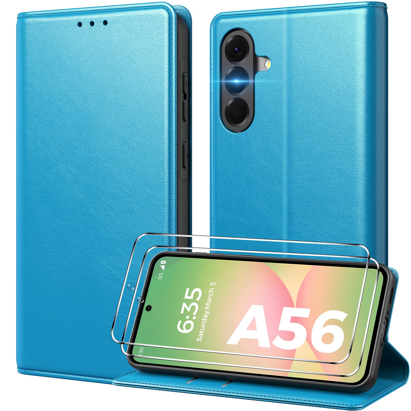 Peakally Handyhülle für Samsung Galaxy A56 5G Hülle [Mit 2 Stück Panzer Schutz Glas] [Premium PU Leder] [RFID-Blockierung] [Kartenfach] Klapphülle Kompatibel mit Samsung A56 - Leuchtend Blau