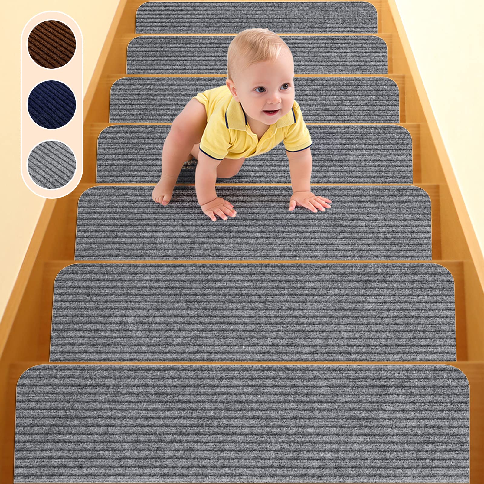 Photo 1 of CELION 8x30in 15pcs Non-Slip Carpet Stair Treads for Wooden Steps Non-Skid Safety Rug Slip Resistant Indoor Stair Runners for Kids Elders and Pets with Reusable Adhesive 8x30in Grey-double Stripes 15