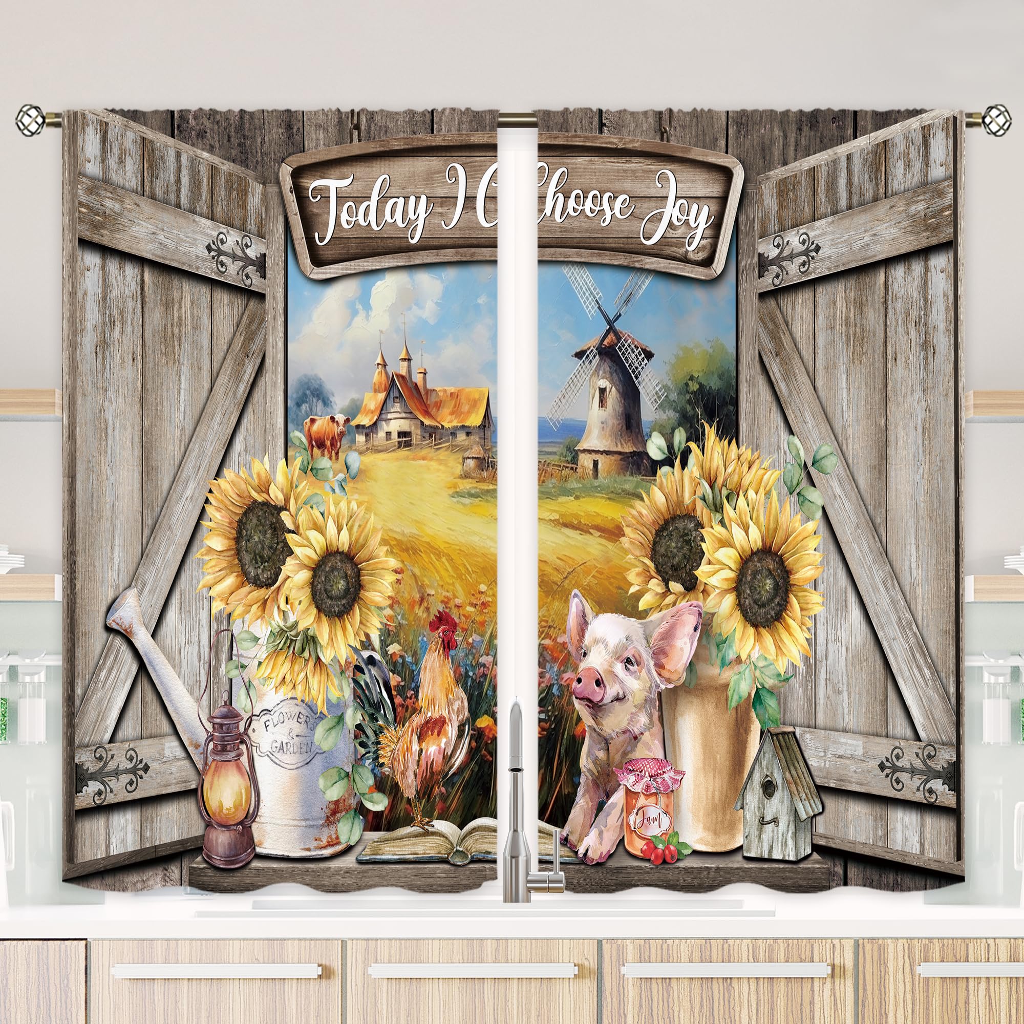 Mitpok Farmhouse Sunflower Kitchen Curtains 27.5Wx39H Inch Rod Pocket Rustic Wooden Kitchen Decor Barn Door Flower Retro Farm Chicken Pig Cow Animal Vintage Cabin Wood 2 Panels Window Treatment Set